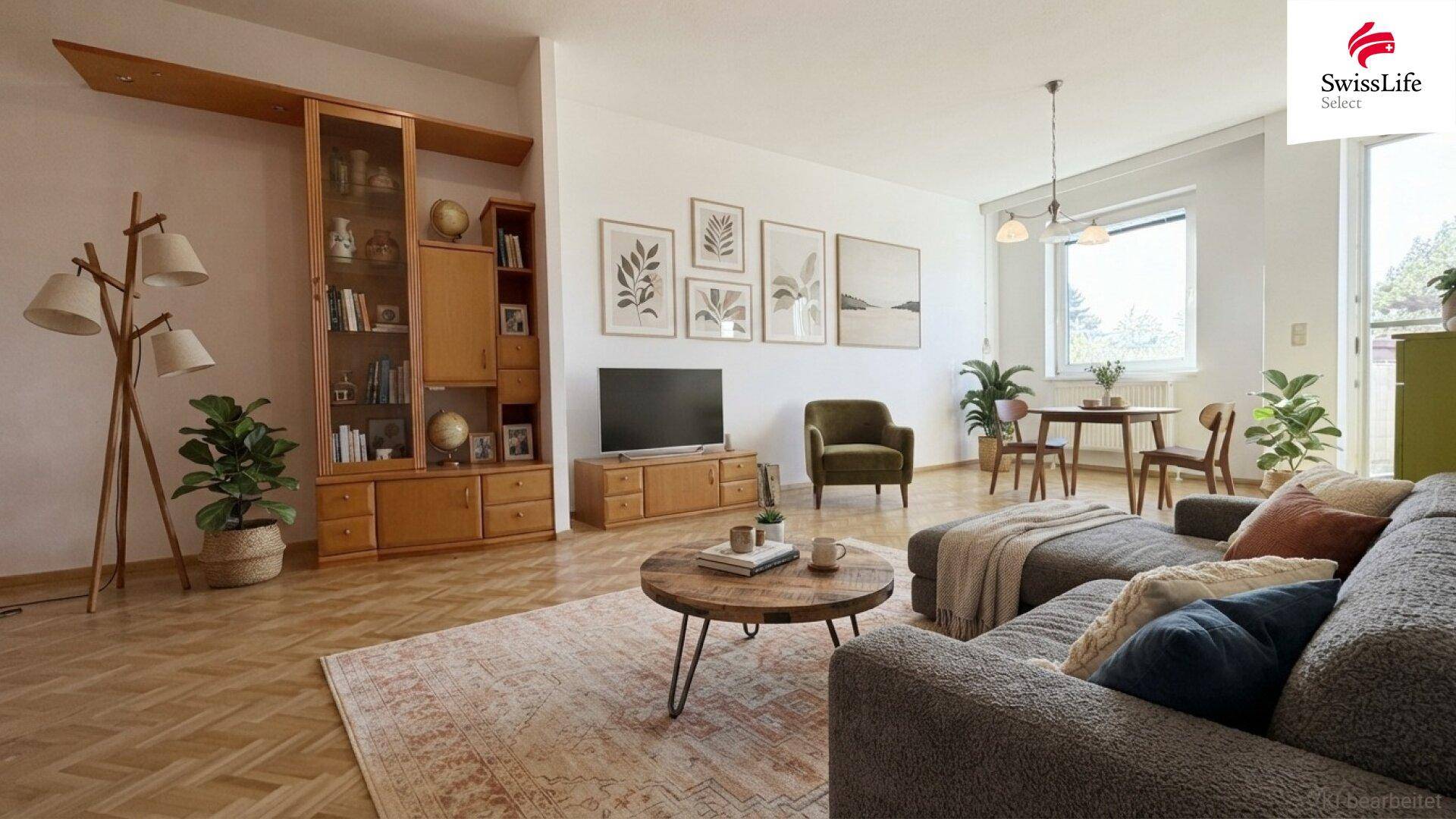 Heller Wohn-Essbereich mit Fischgrätparkett, Sofa, Esstisch und Balkonzugang.