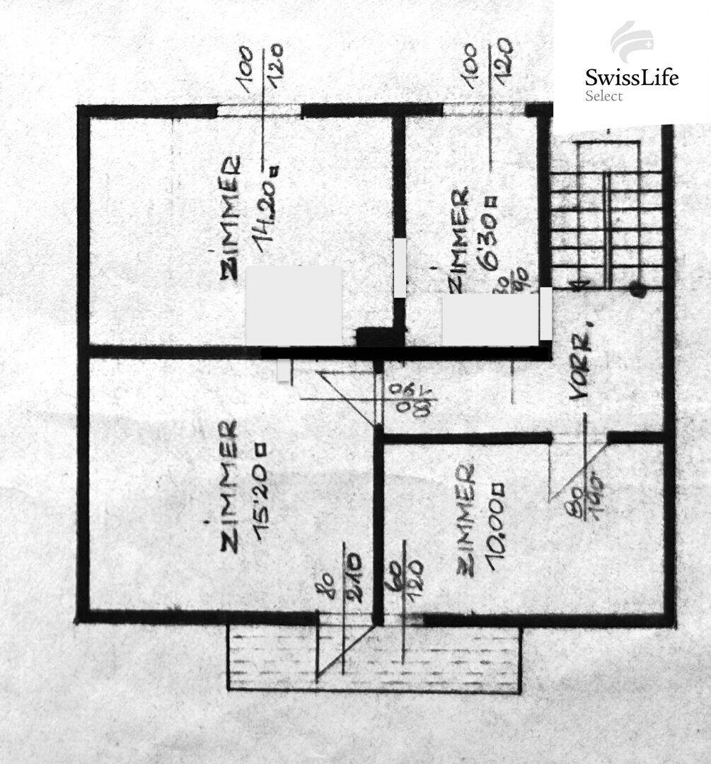 Grundriss des Obergeschosses mit mehreren Zimmern und Vorraum.