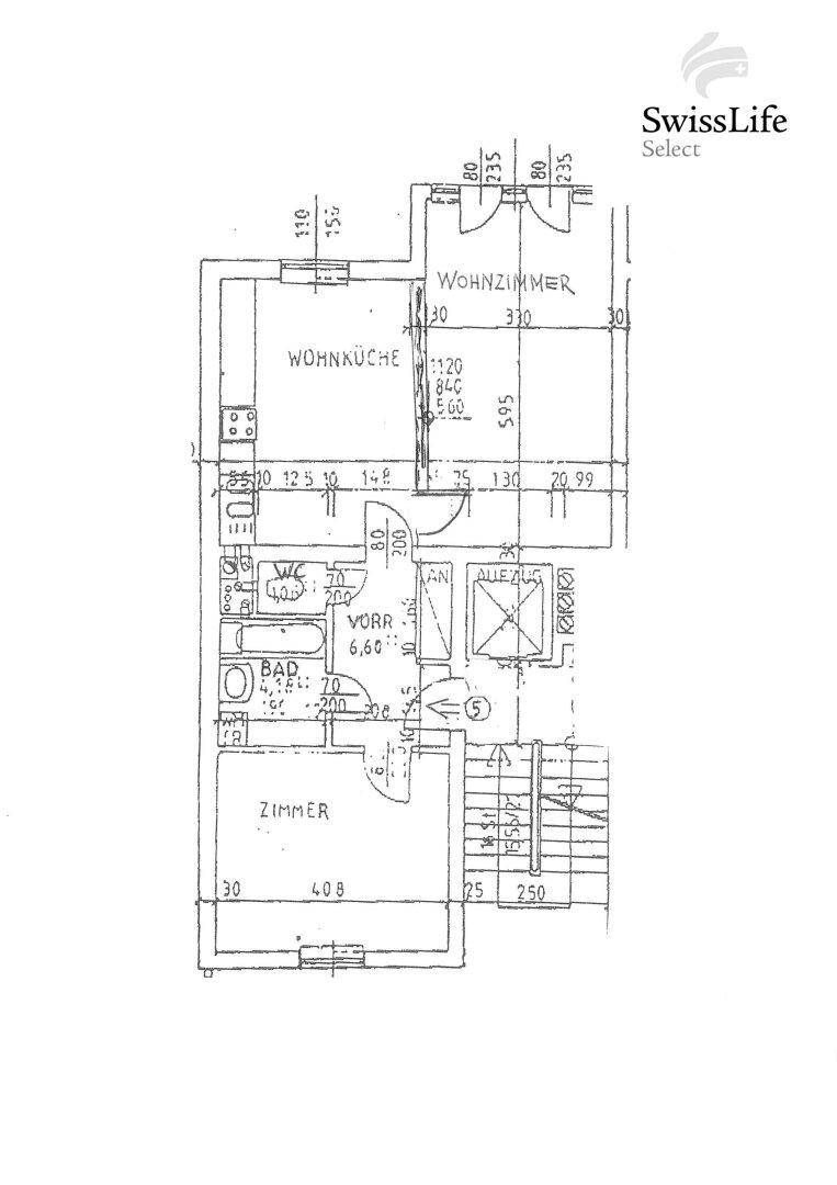 Grundriss der Wohnung mit Wohnküche, Wohnzimmer, Bad und separatem WC.