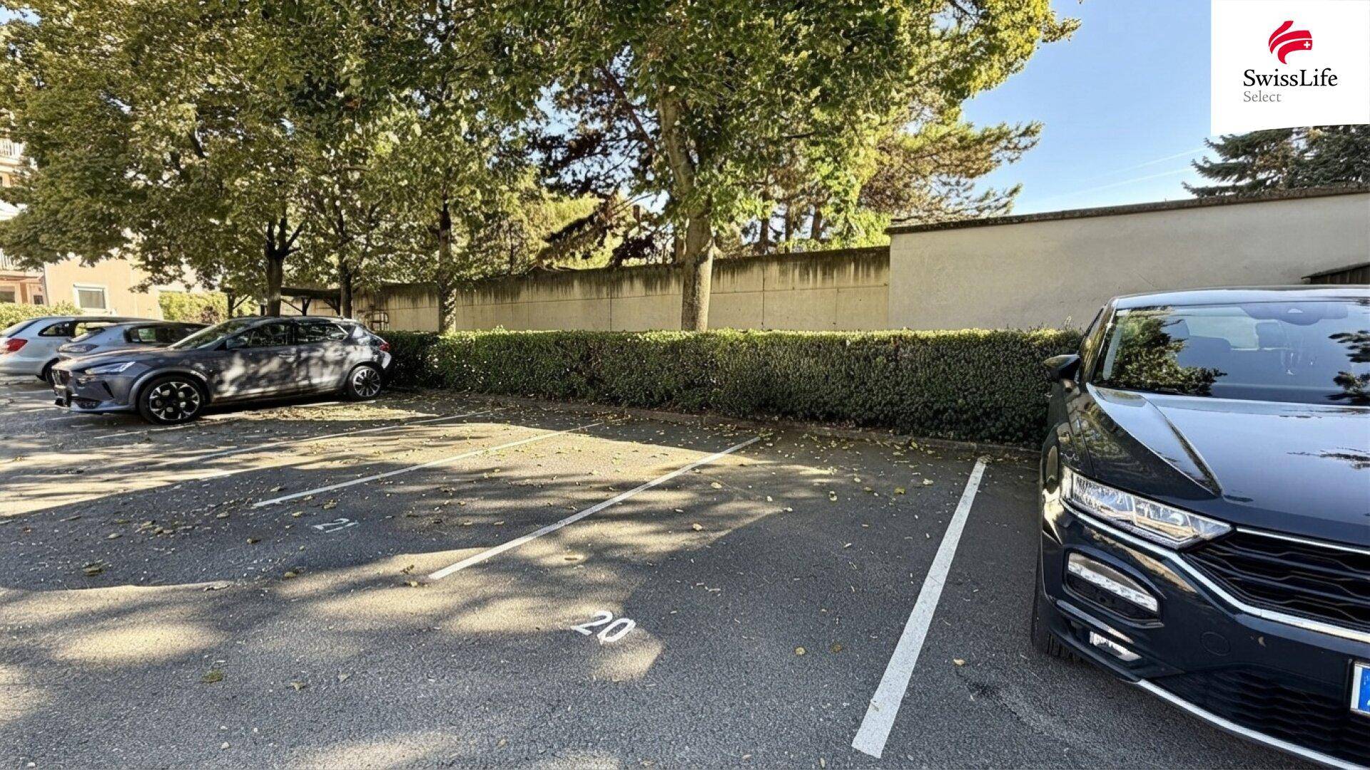 Außenparkplatz mit markierten Stellplätzen und Bäumen im Hintergrund.