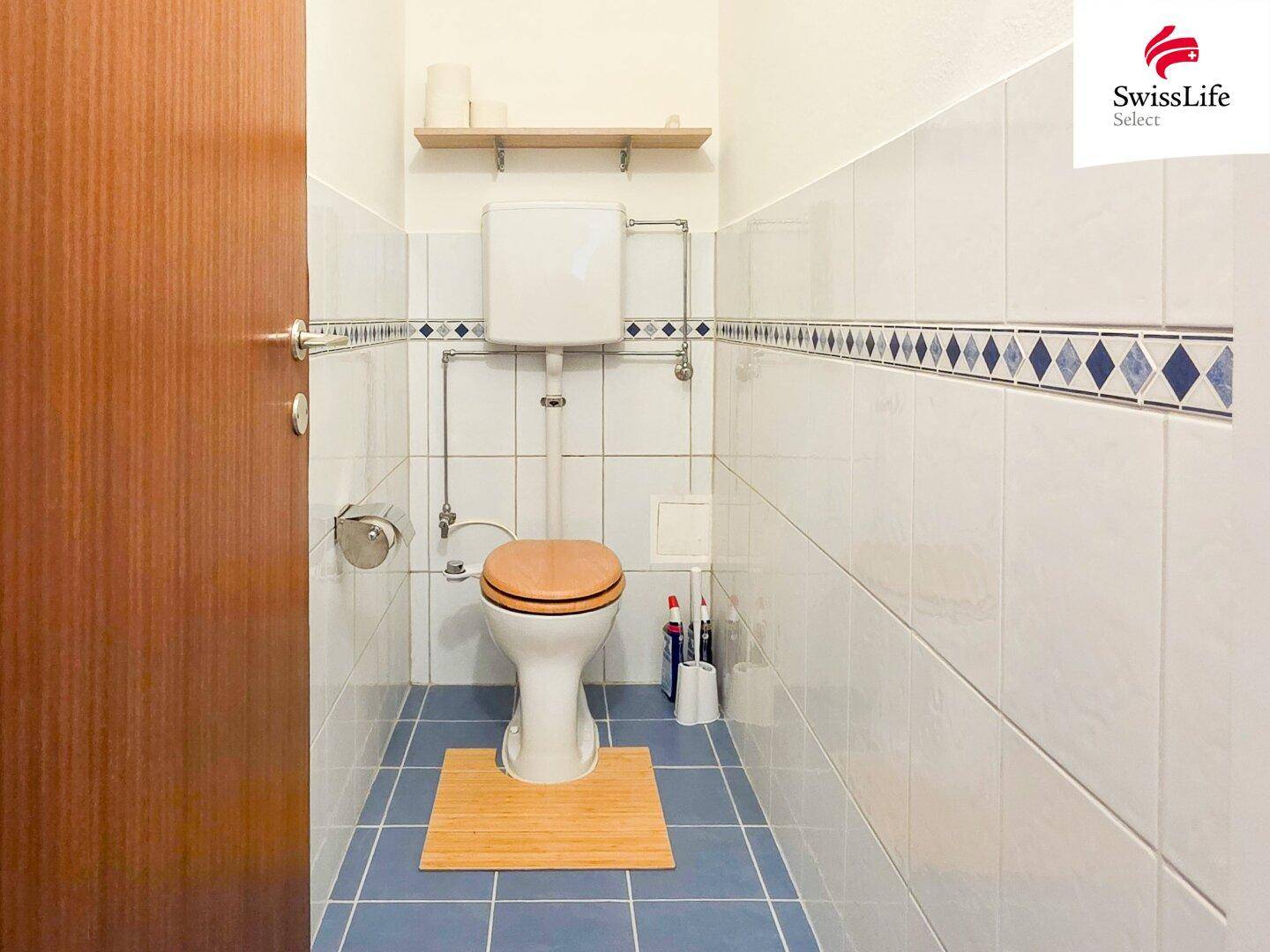 Separate Toilette mit blauen Bodenfliesen und weißer Wandverkleidung.