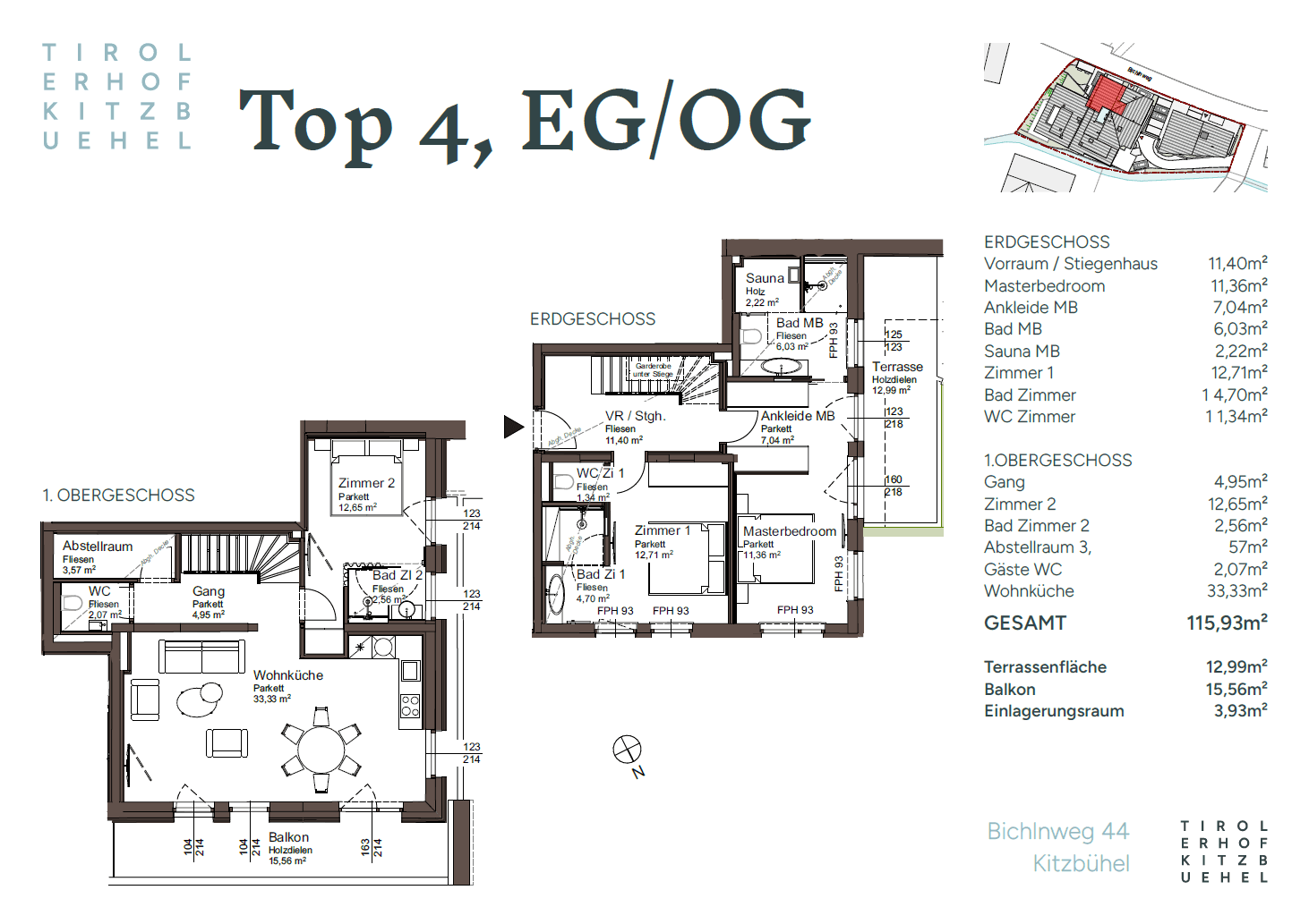 Grundriss für Top 4 im Erd- und Obergeschoss mit Sauna, Balkon und Wohnküche.