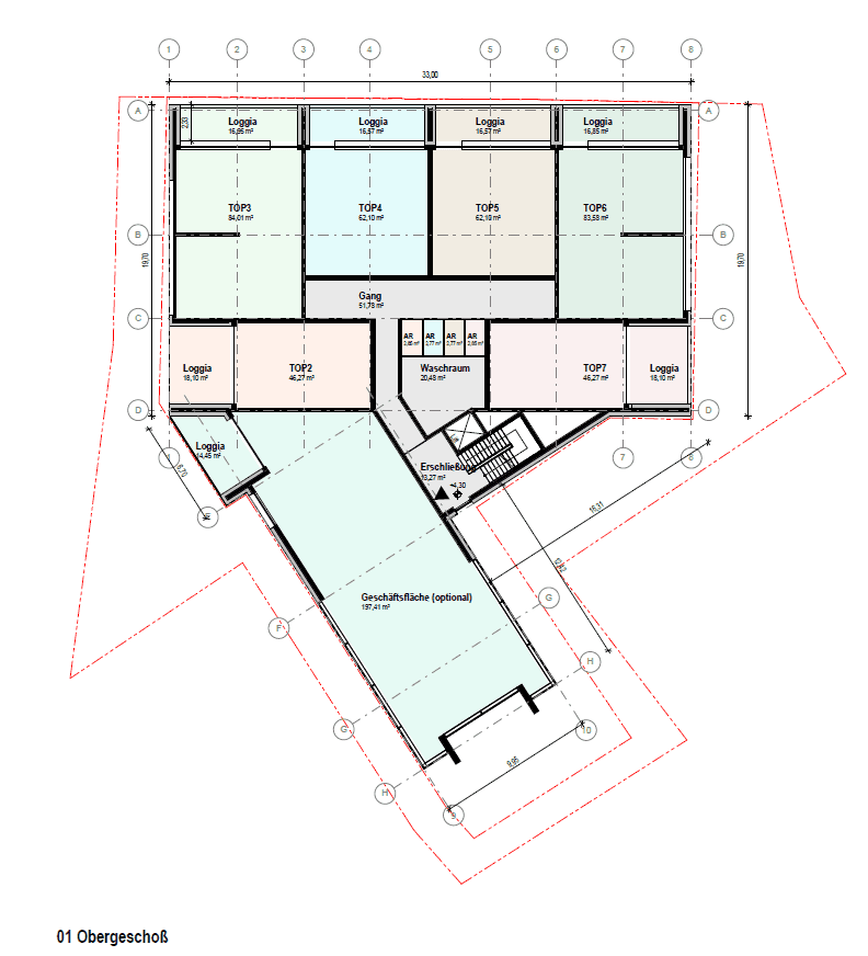 Grundriss des ersten Obergeschosses mit mehreren Wohneinheiten und zugehörigen Loggien.