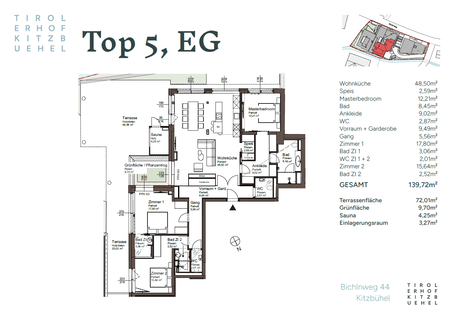 Detaillierter Grundriss der Wohnung Top 5 im Erdgeschoss mit Terrasse und Sauna.