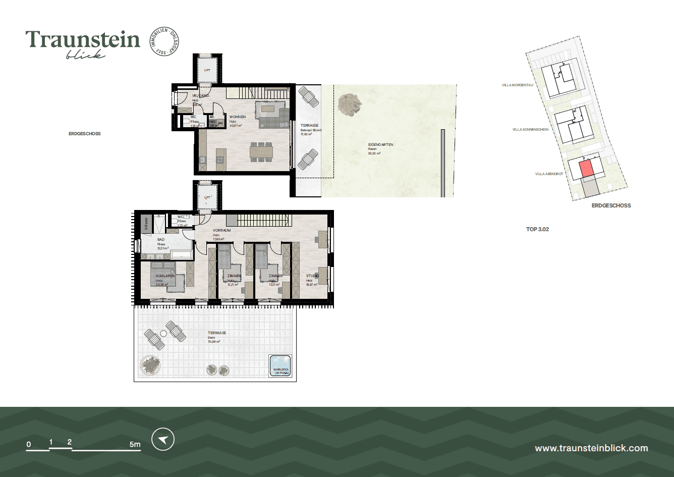 Detaillierter Grundriss des Erdgeschosses mit offenem Wohnbereich, Terrasse und Garten sowie Obergeschoss.
