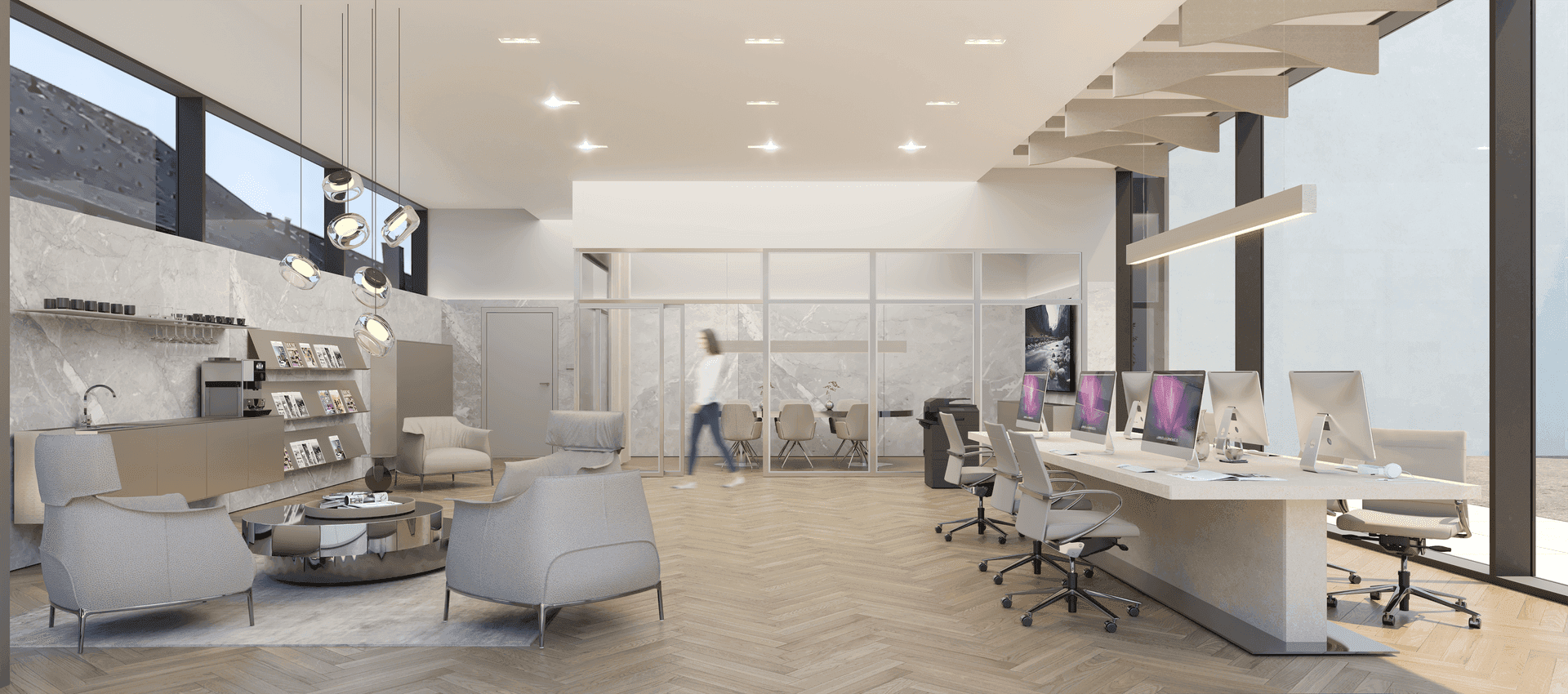 Modernes Büro mit offener Gestaltung, großen Fenstern, stilvollen Möbeln und Arbeitsplätzen.