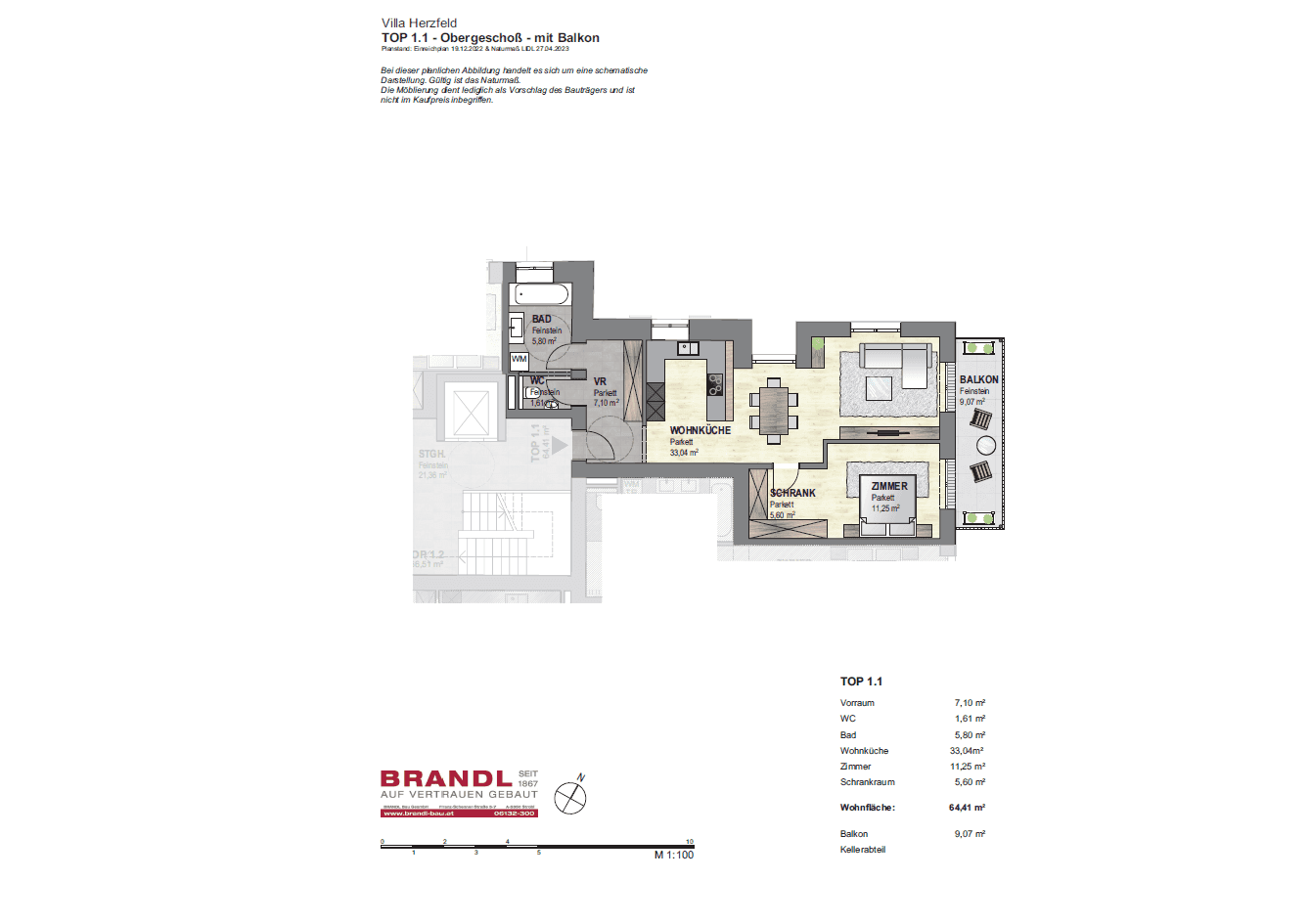 Detaillierter Grundriss der Wohnung TOP 1.1 mit Balkon und offenem Wohnbereich.