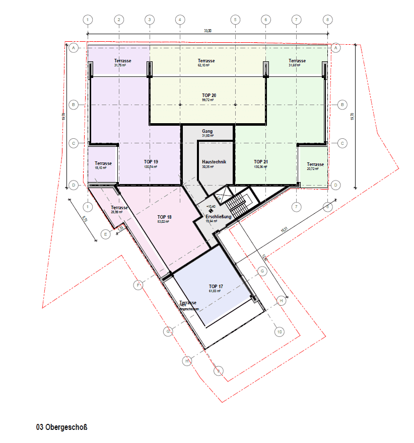 Grundriss des dritten Obergeschosses mit mehreren Wohneinheiten und großzügigen Terrassen.