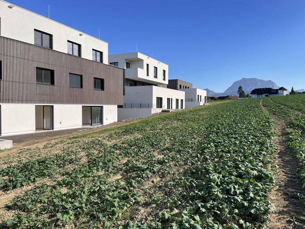 Moderne Wohnanlage mit mehreren Gebäuden, umgeben von grünen Feldern und Bergpanorama.