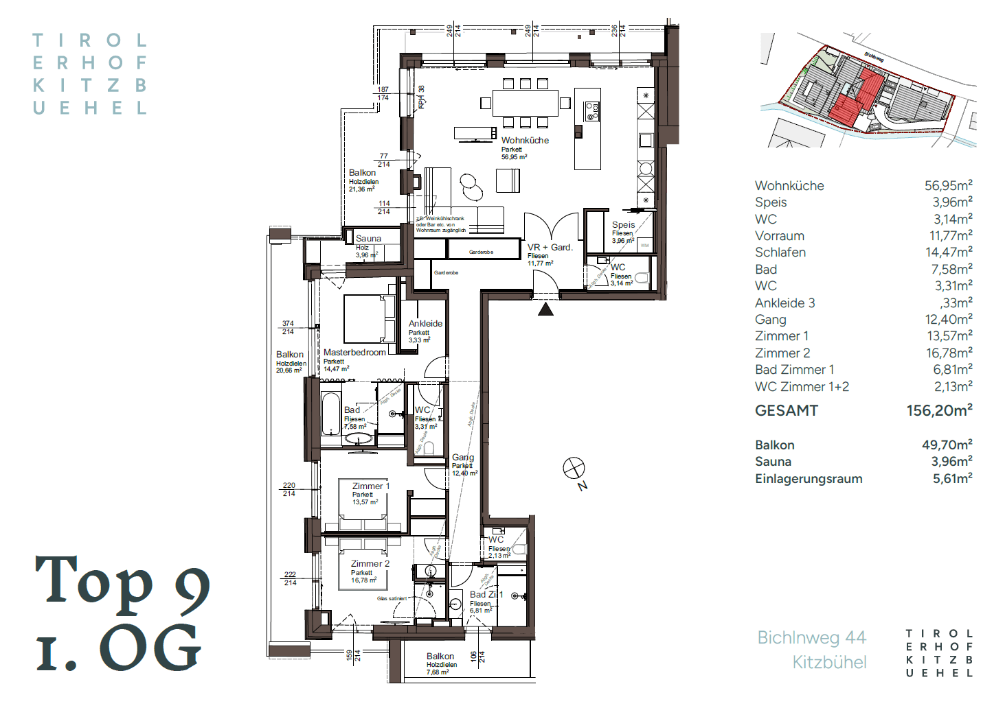 Detaillierter Grundriss der Wohnung Top 9 im ersten Obergeschoss mit mehreren Zimmern und Balkonen.