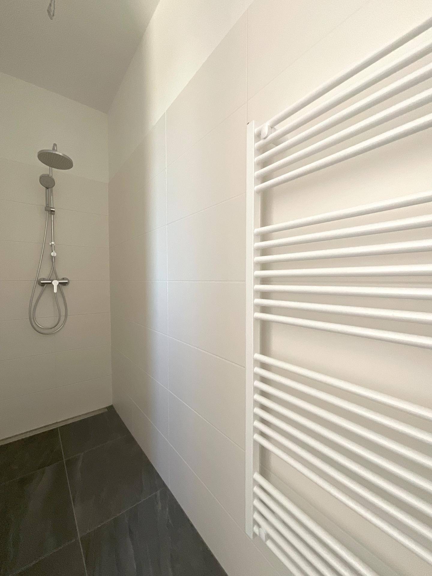 Moderne Dusche mit Regenduschkopf und beheiztem Handtuchhalter in weiß gefliestem Bad.