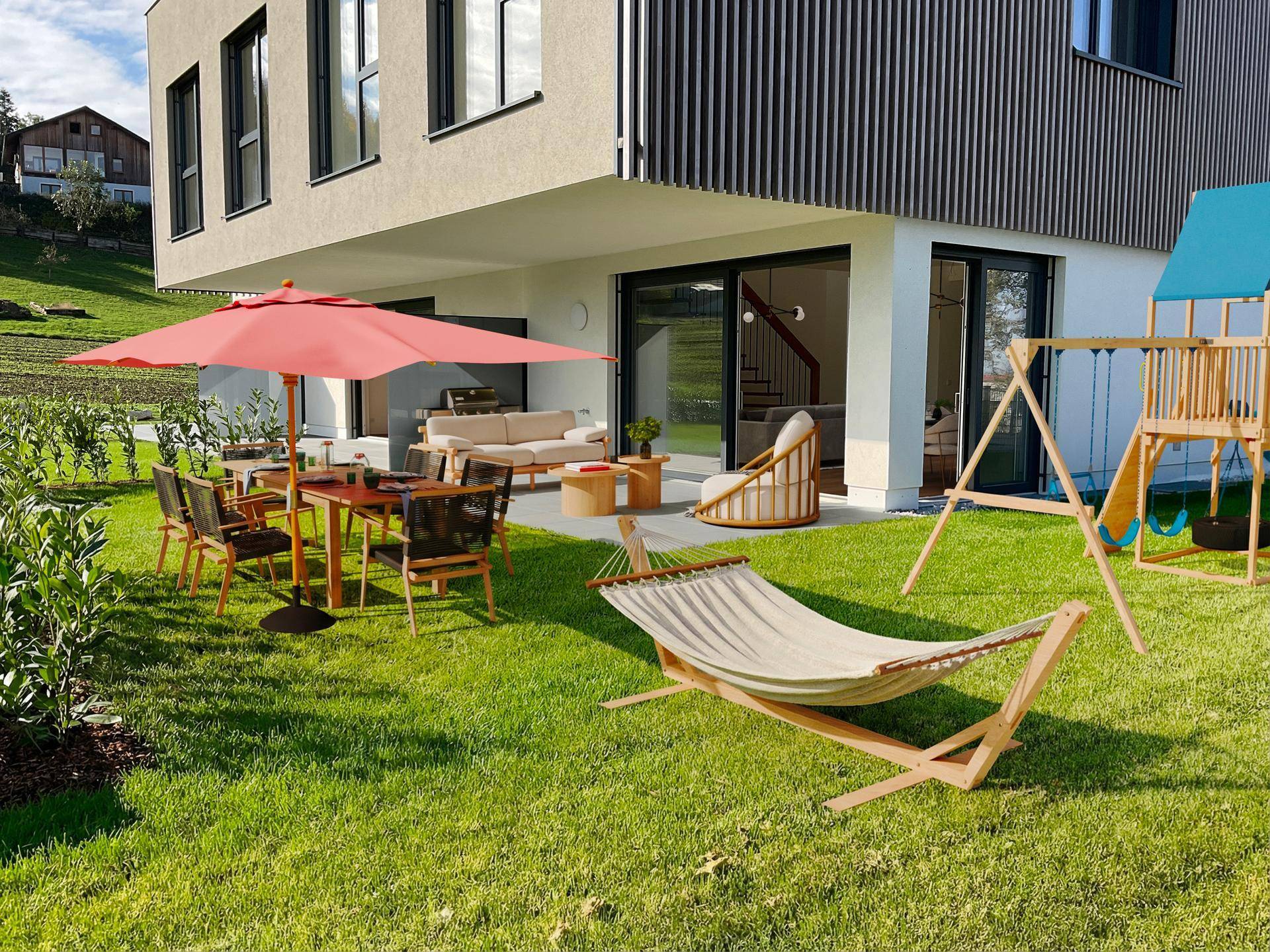 Großer Garten mit Sitzbereich, Hängematte und Kinderspielplatz, ideal für Familien.