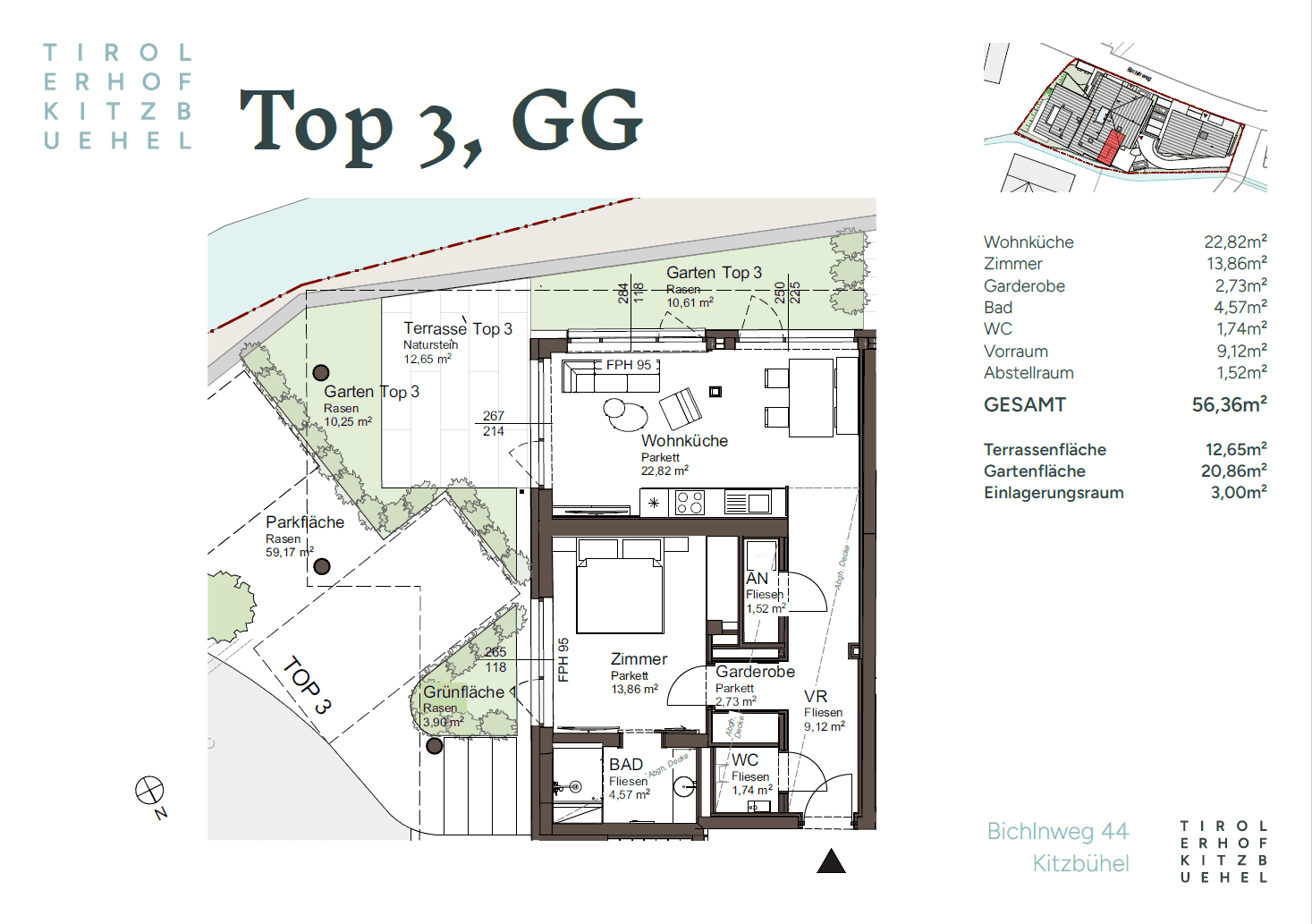 Grundriss der Wohnung Top 3 mit Wohnküche, Schlafzimmer, Bad, WC, Terrasse und Garten.