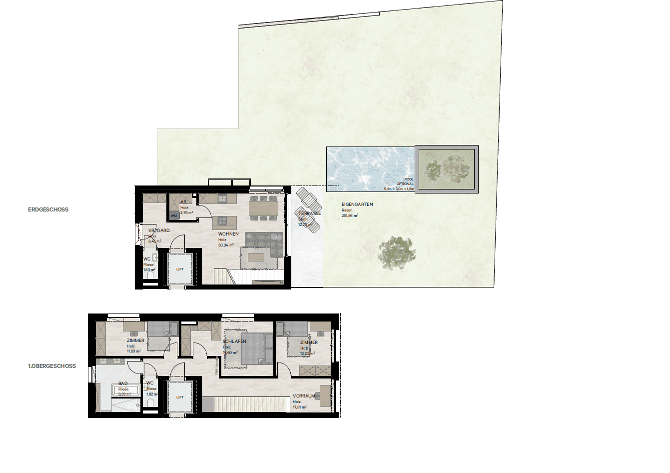 Grundriss zeigt Erdgeschoss und Obergeschoss mit Wohnbereich, Terrasse und Garten.