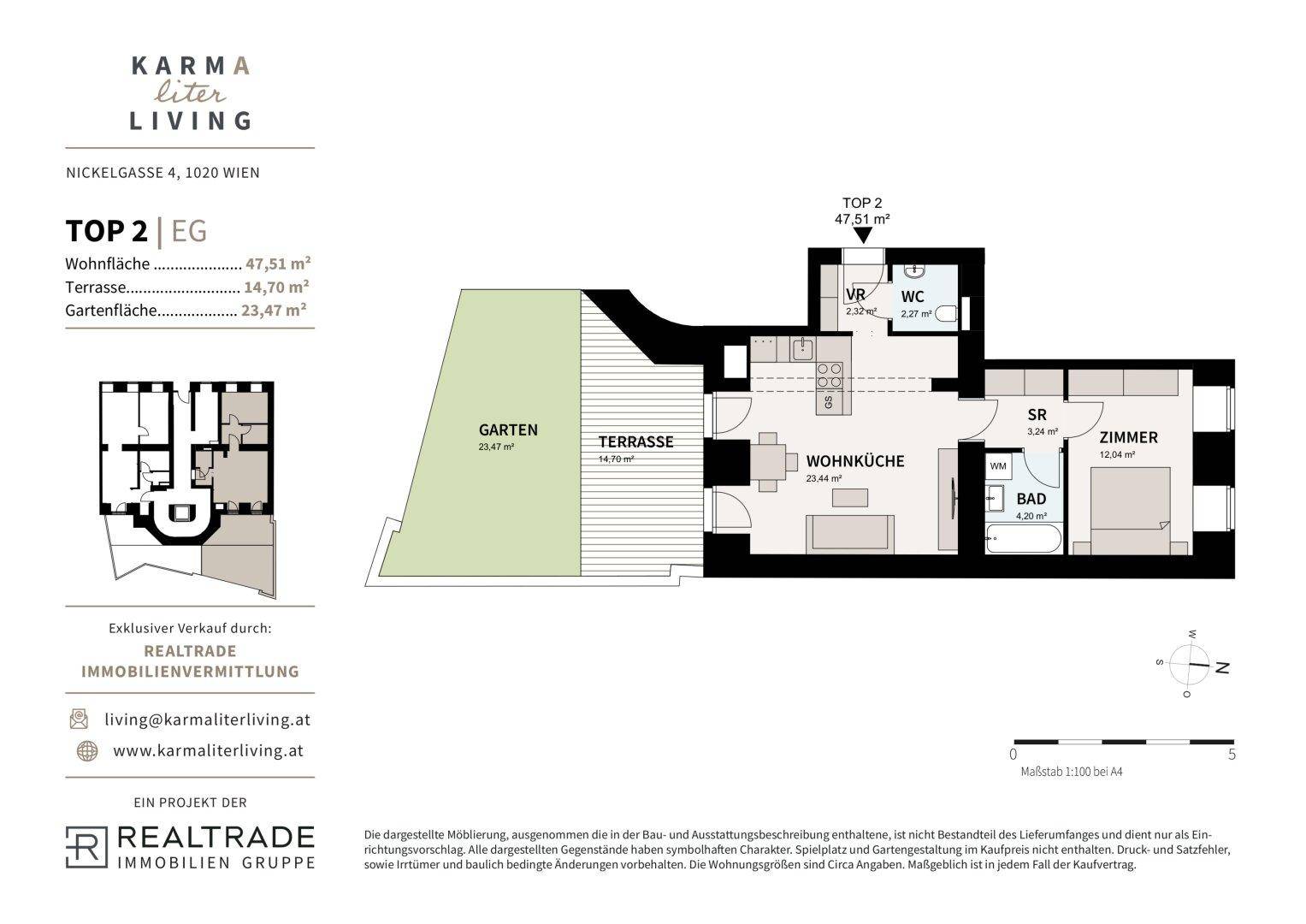 Grundriss der Erdgeschosswohnung TOP 2 mit Garten, Terrasse, Wohnküche und Schlafzimmer.