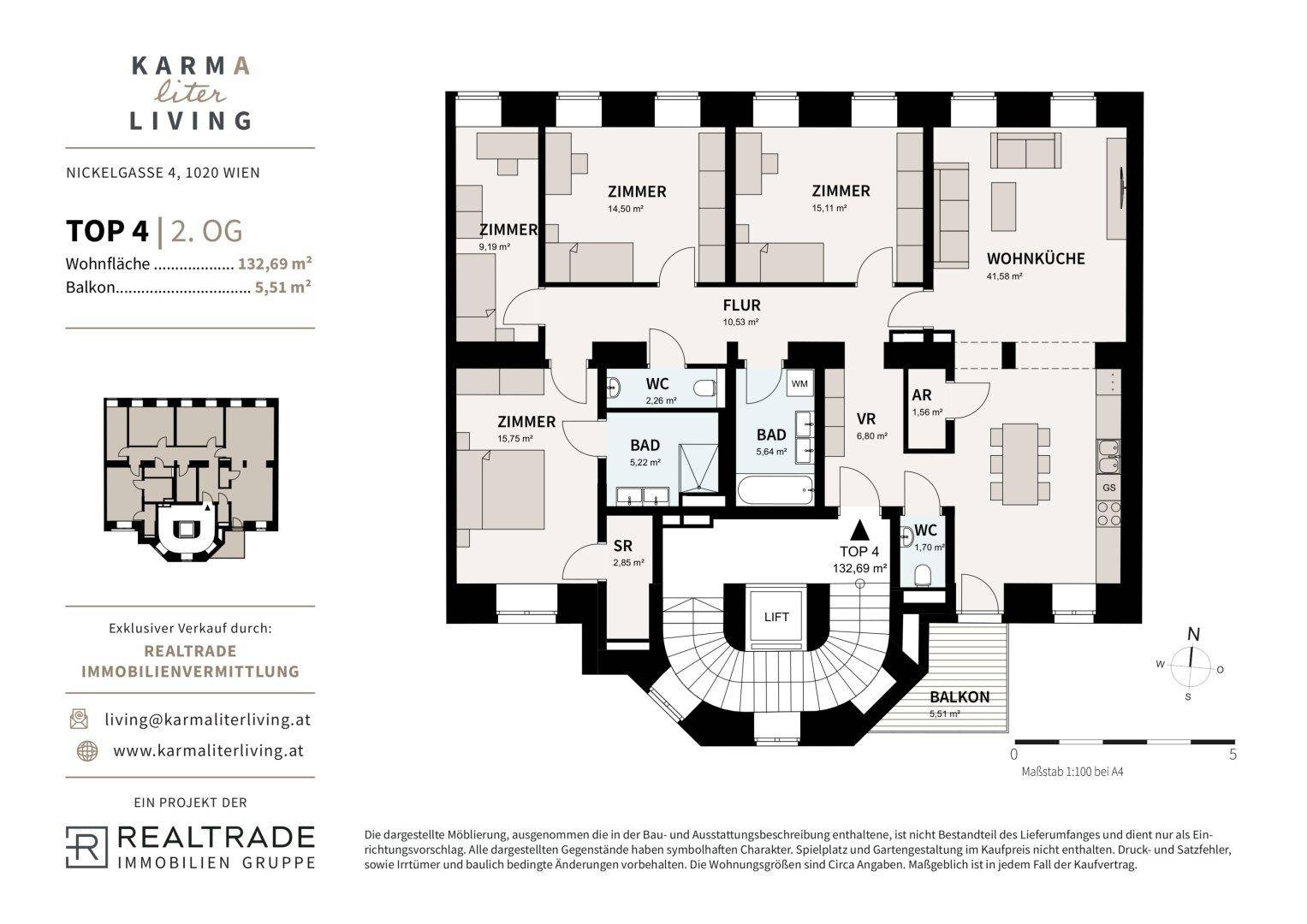 Detaillierter Grundriss der Wohnung Top 4 mit 132,69 m² Wohnfläche und Balkon.