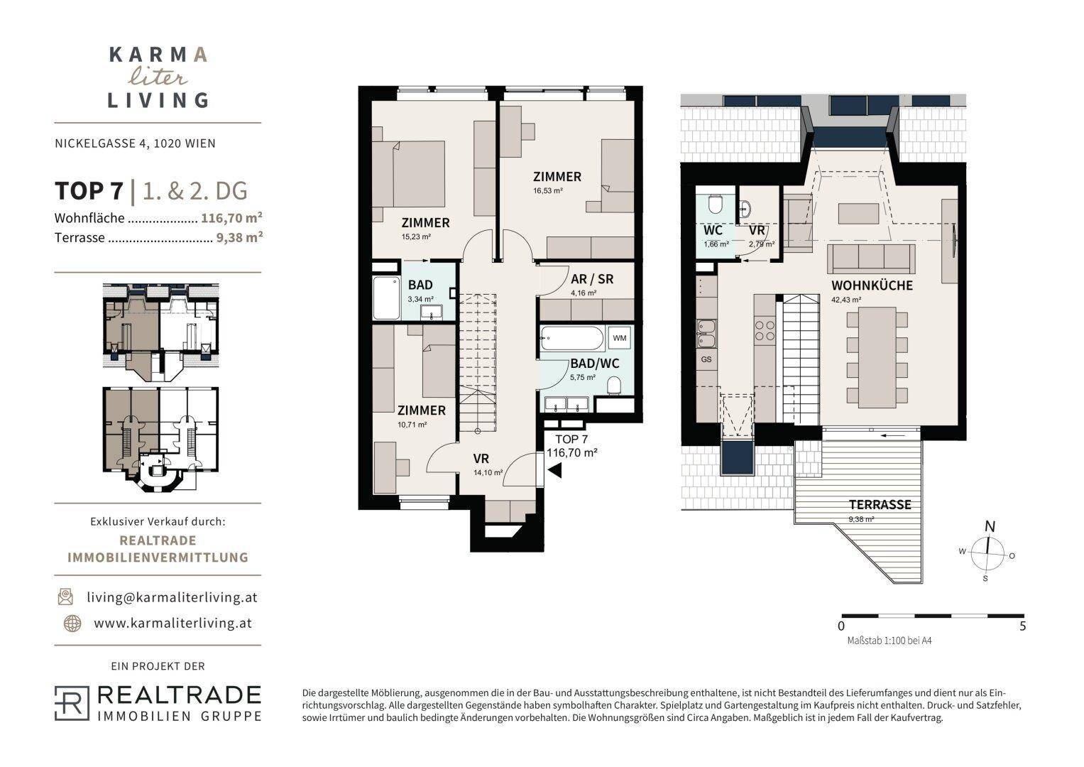 Grundriss der Dachgeschosswohnung TOP 7 über zwei Ebenen mit Wohnküche und Terrasse.