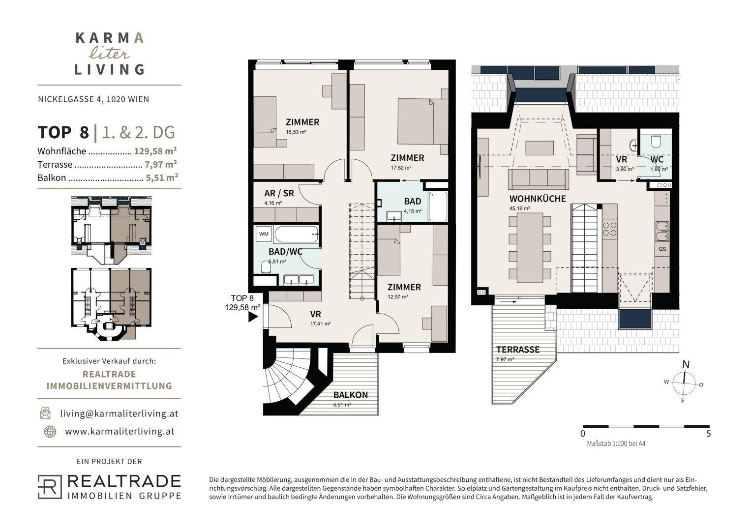 Detaillierter Grundriss der Wohnung TOP 8 mit 129,58 m² Wohnfläche, Terrasse und Balkon.