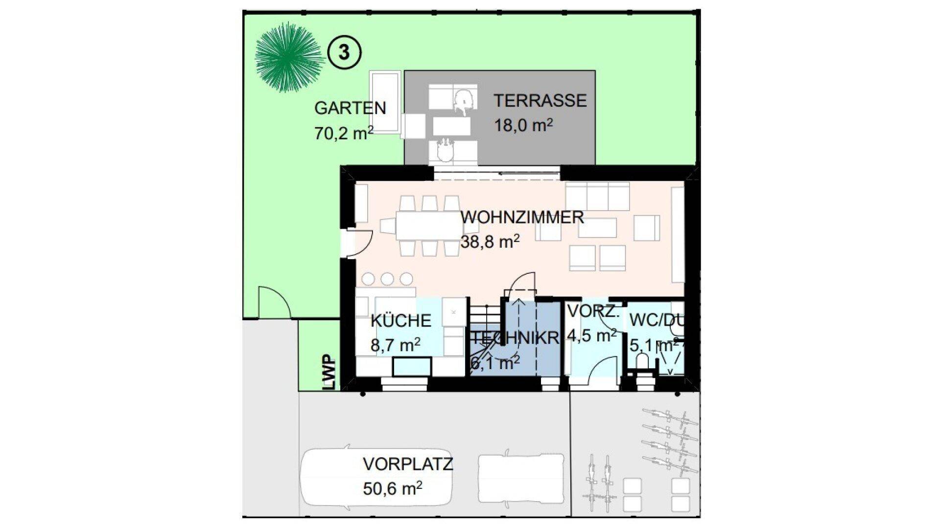 Grundriss des Erdgeschosses mit Wohnzimmer, Küche, Terrasse und Gartenbereich.