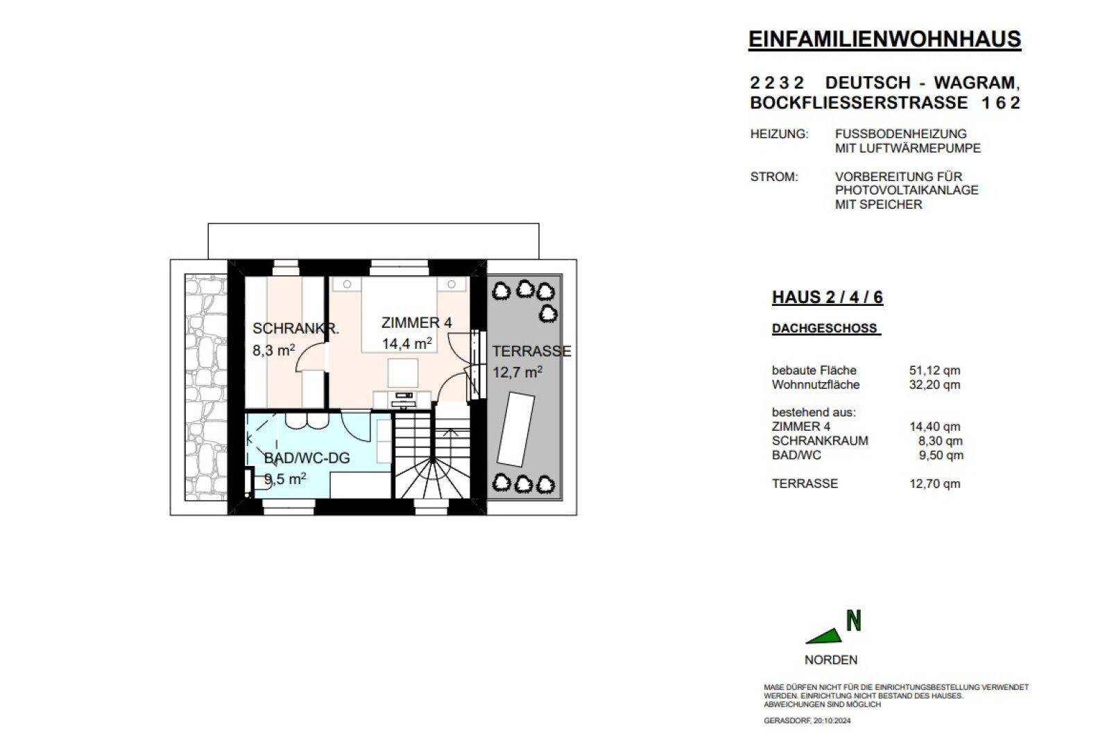 Grundriss des Dachgeschosses mit einem Zimmer, Badezimmer und einer großzügigen Dachterrasse.