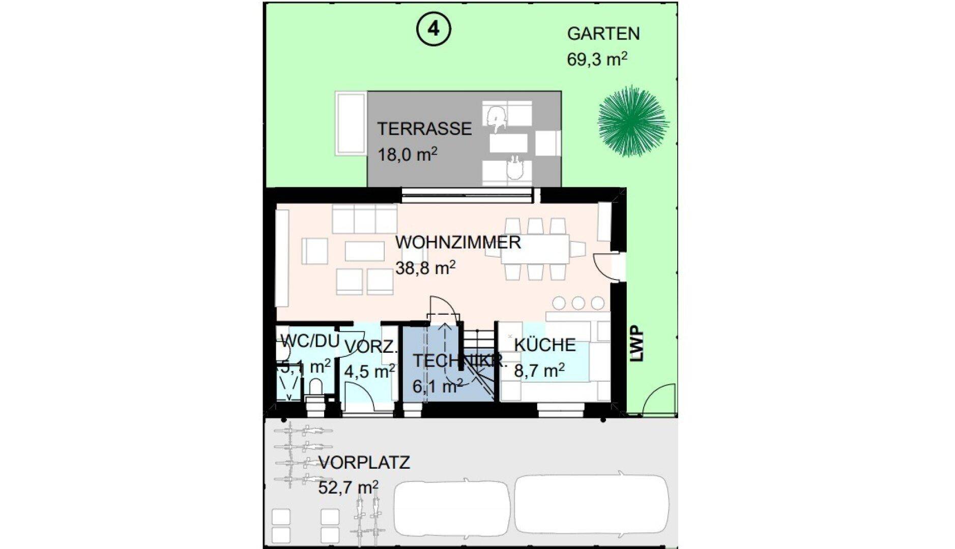 Grundriss des Erdgeschosses mit offenem Wohnzimmer, Küche, Terrasse und Gartenbereich.