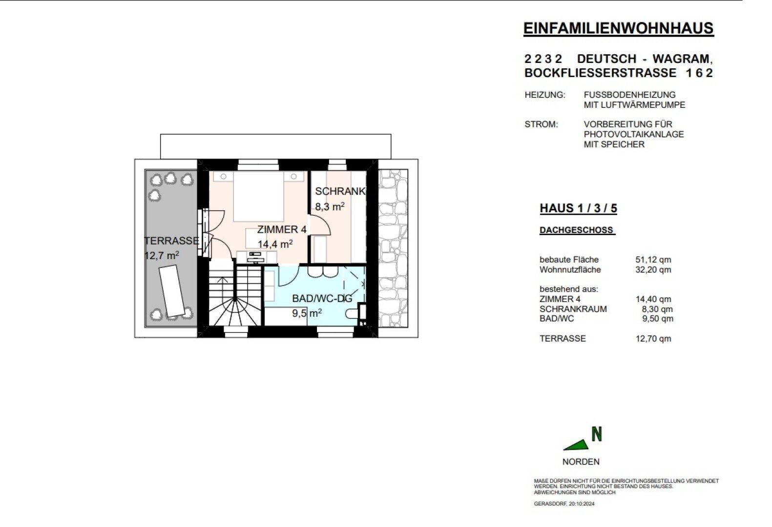Grundriss des Dachgeschosses mit einem Zimmer, Bad und großer Dachterrasse.