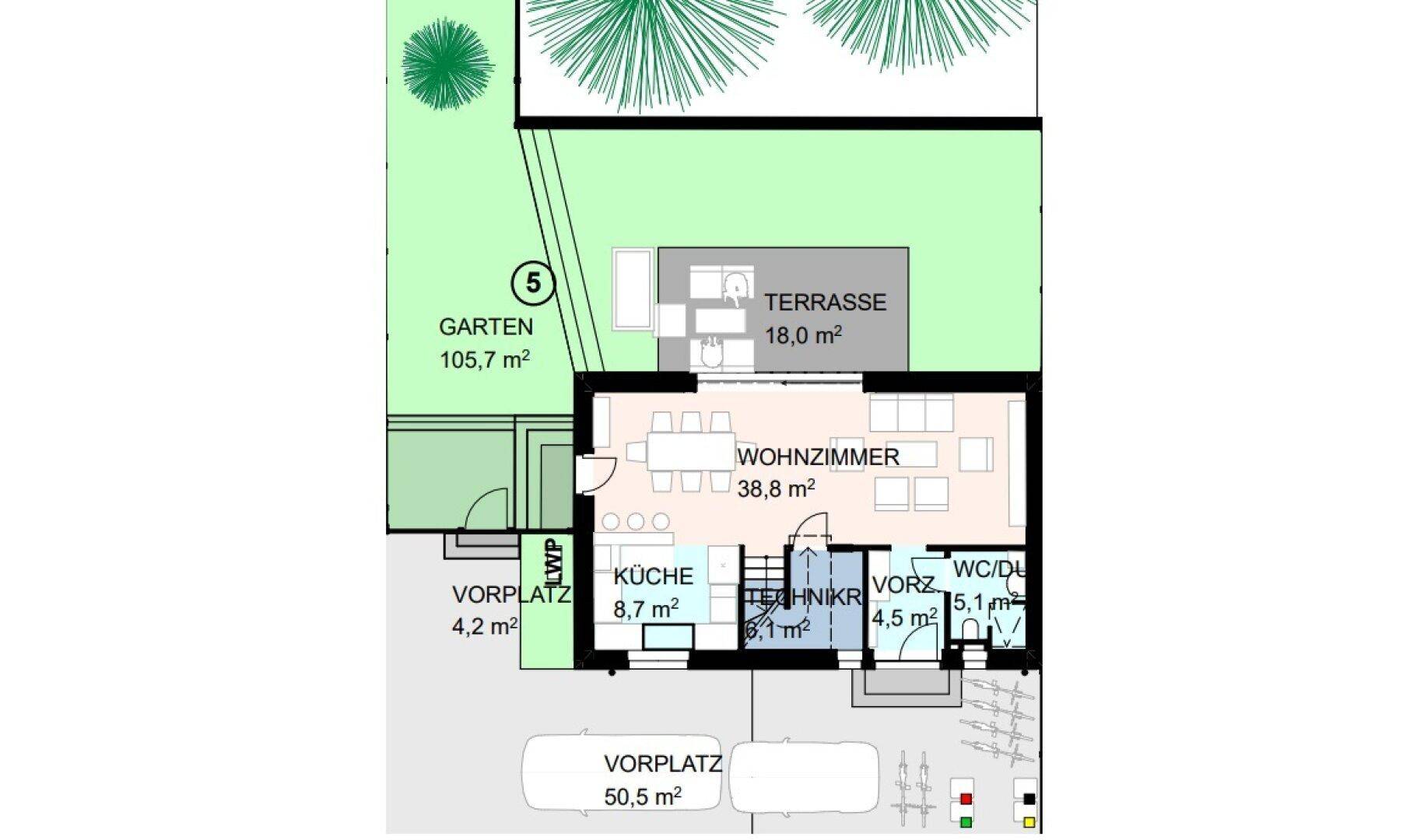 Grundriss des Erdgeschosses mit Wohnzimmer, Küche, Terrasse und Gartenbereich.