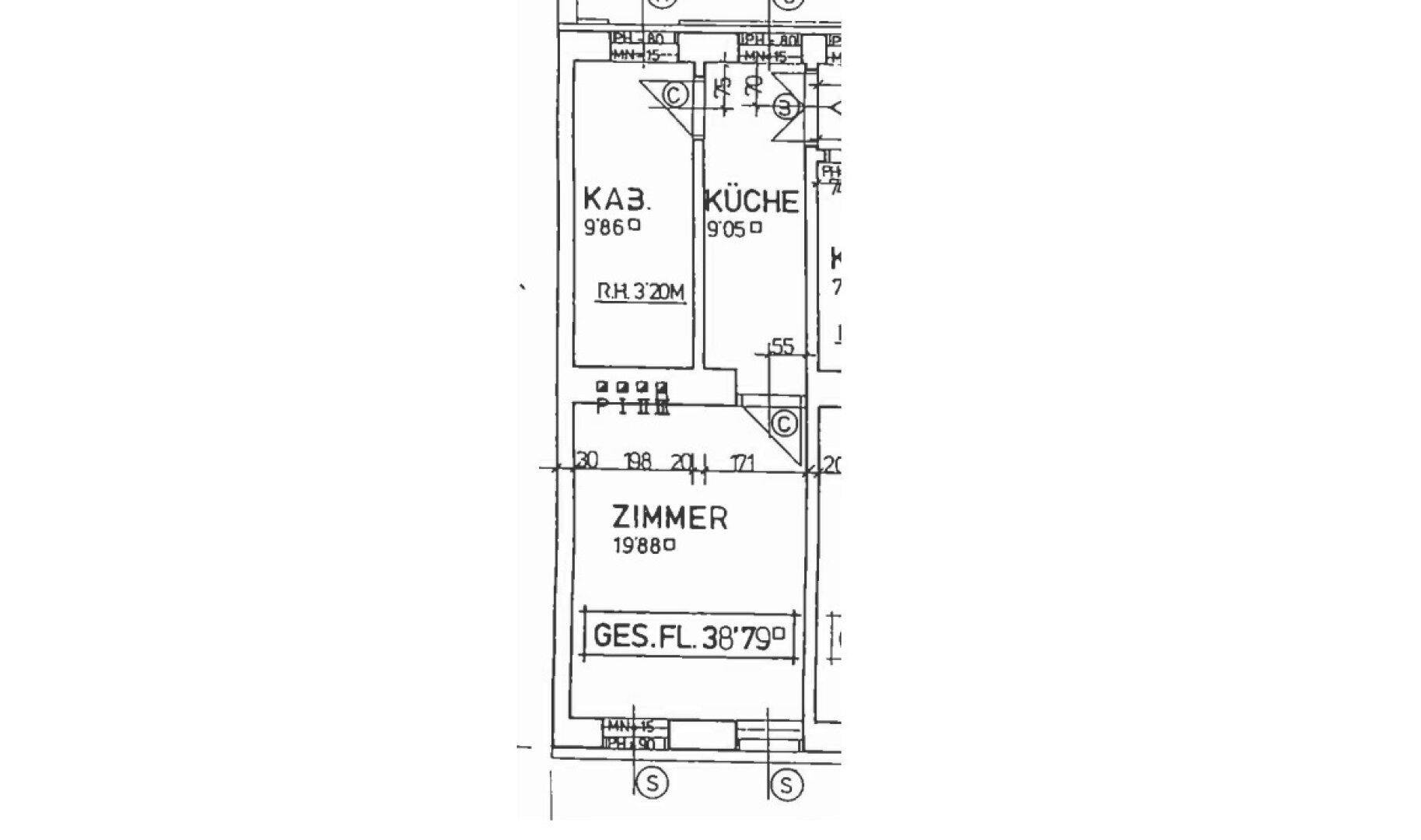 Grundrissplan zeigt die Aufteilung von Zimmer, Küche und Kabinett mit Flächenangaben.
