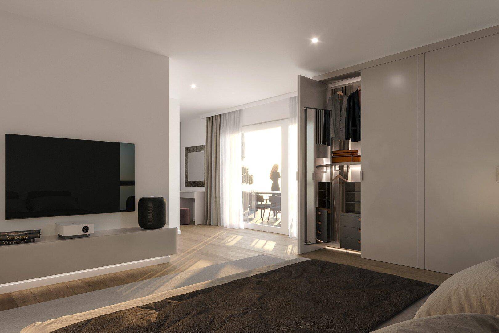 Modernes Schlafzimmer mit Holzboden, Einbauschränken und Zugang zu einem Balkon.
