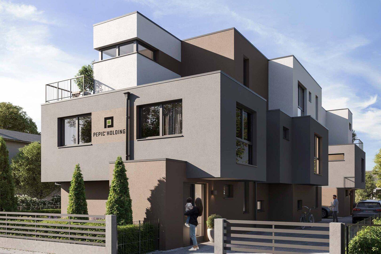 Ansicht der modernen Reihenhausfassade mit klaren Linien und großzügigen Fensterflächen.