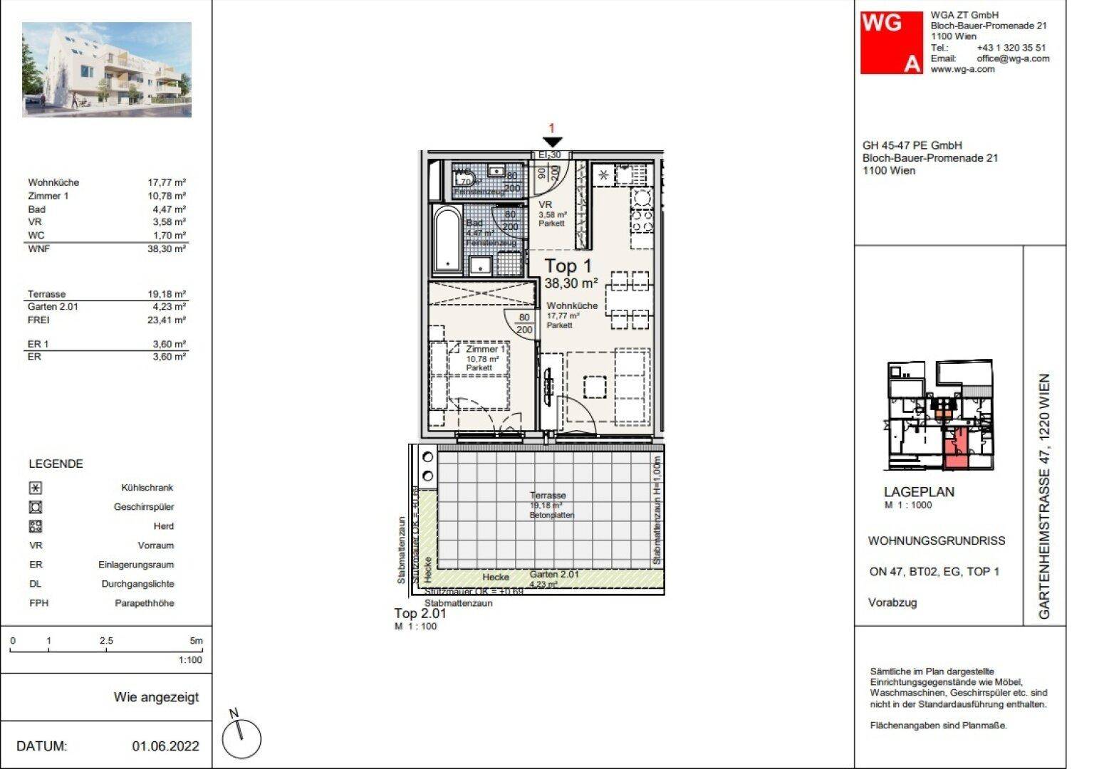 Grundriss der Wohnung Top 1 mit Terrasse und Gartenanteil, zeigt offenes Wohnkonzept.