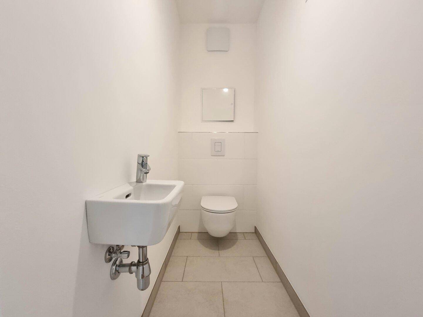 Kleines Gäste-WC mit wandhängendem WC und modernem Waschbecken.