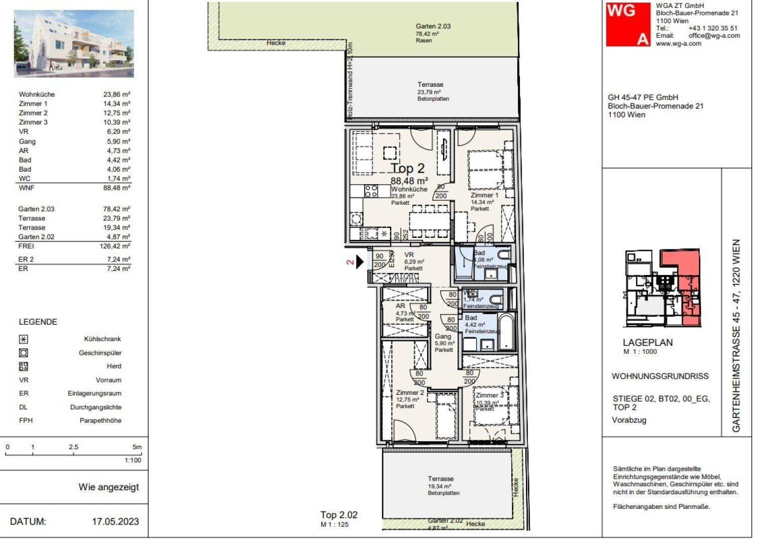 Detaillierter Grundriss für Top 2 mit drei Zimmern, Terrasse und Gartenanteil im Erdgeschoss.