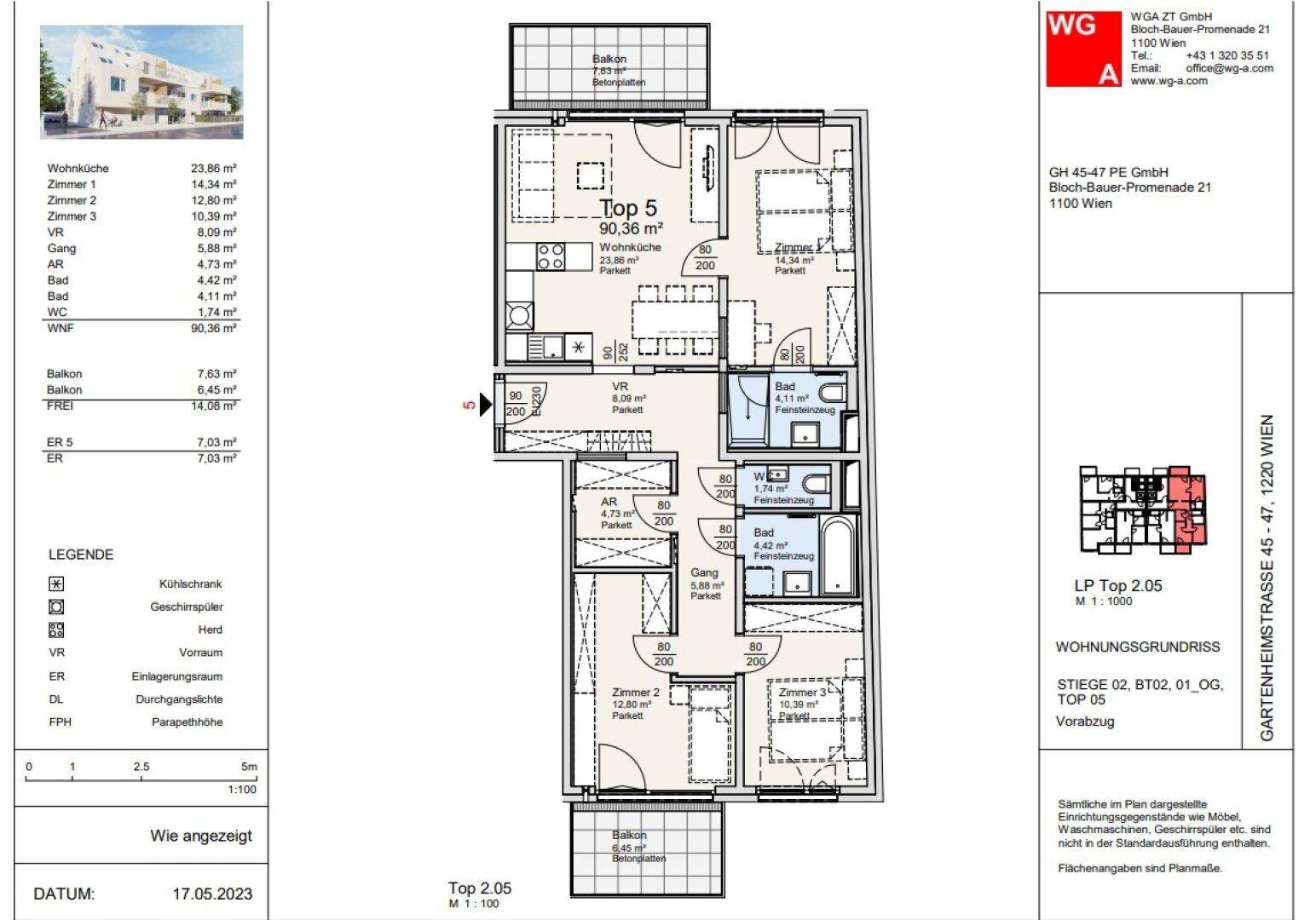 Grundriss einer 3-Zimmer-Wohnung mit zwei Balkonen und separater Küche.