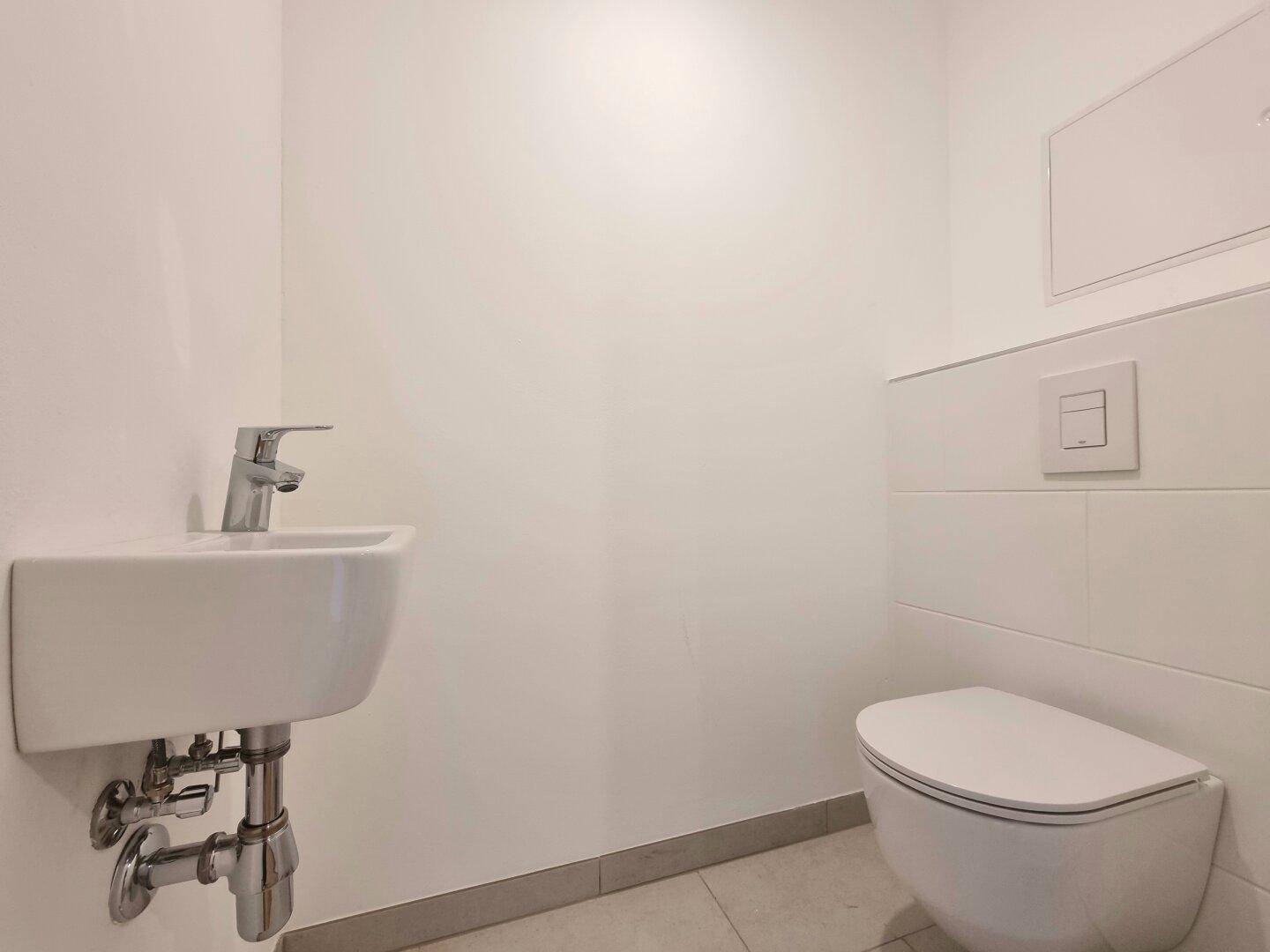 Kleines Gäste-WC mit wandhängendem WC und modernem Handwaschbecken.