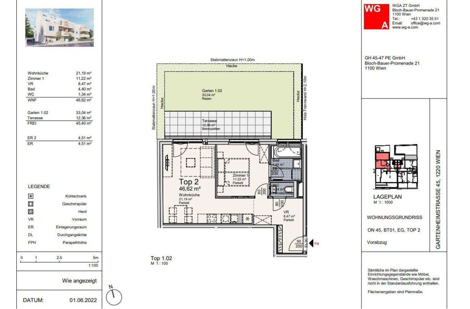 Grundriss einer Wohnung mit Garten, Terrasse und offenem Wohnbereich.