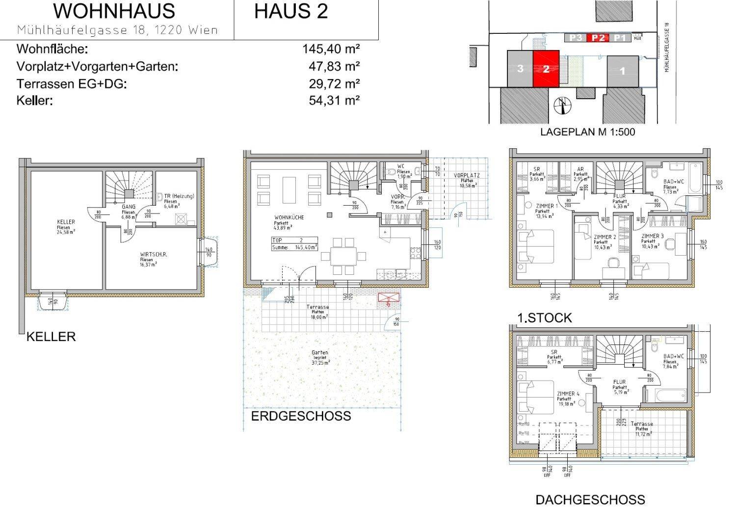 Detaillierter Grundriss des Wohnhauses "Haus 2" mit Keller, Erdgeschoss, 1. Stock und Dachgeschoss.