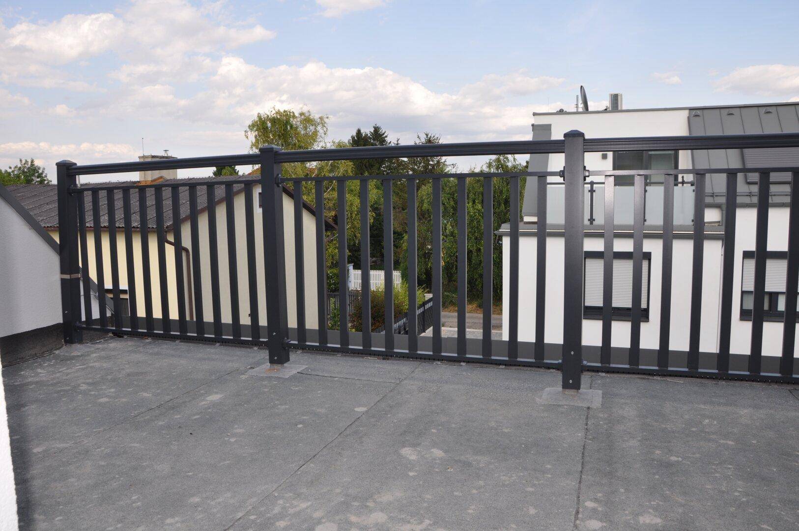 Dachterrasse mit schwarzem Metallgeländer und Blick über die umliegende Nachbarschaft.