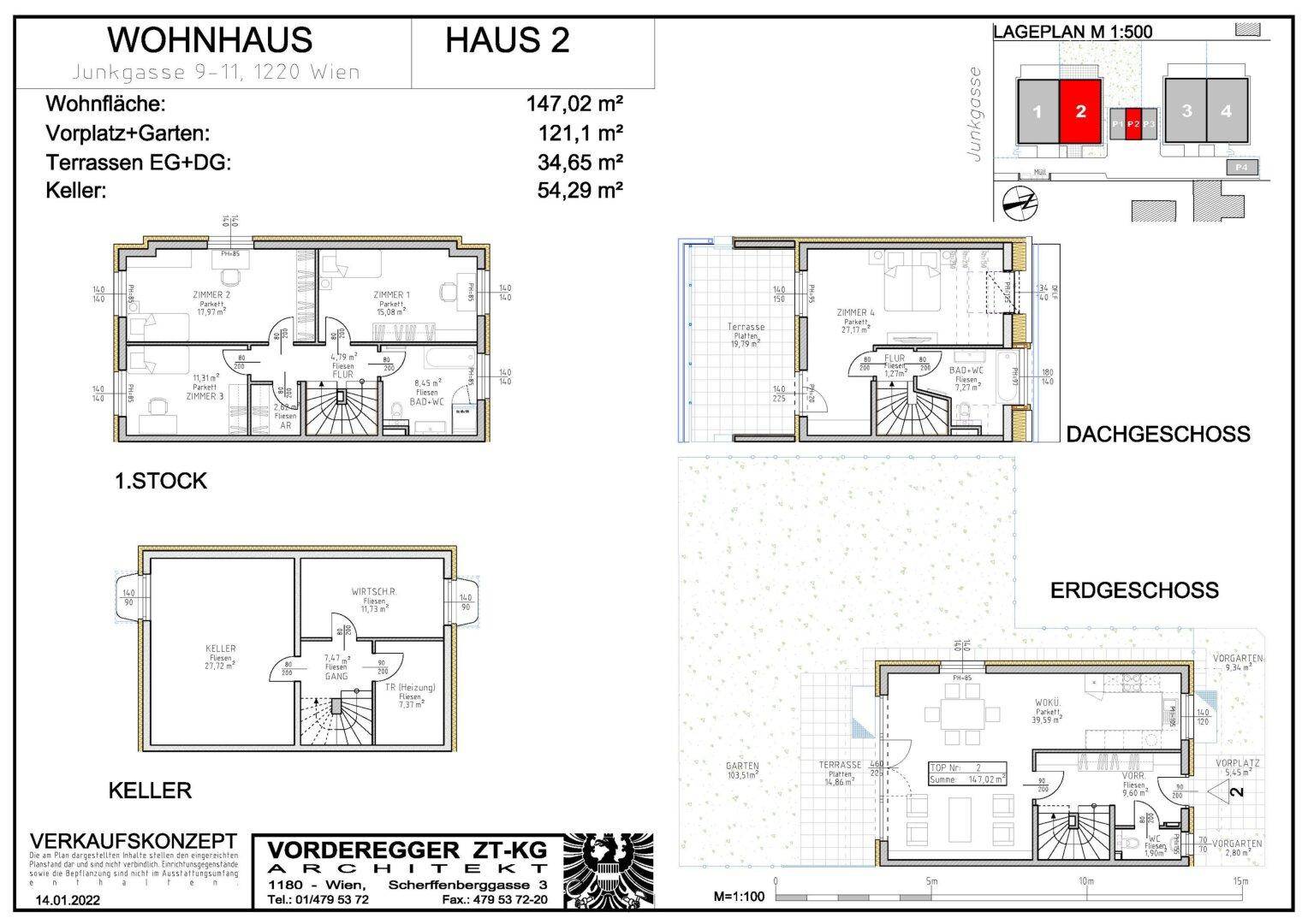 Detaillierter Grundrissplan für ein Wohnhaus mit mehreren Etagen und Flächenangaben.