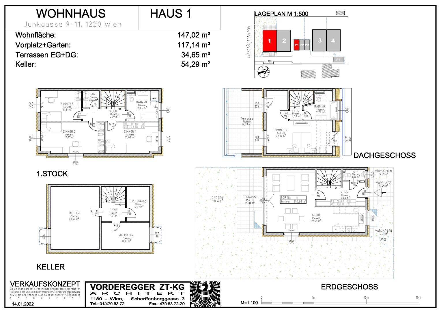 Detaillierter Grundrissplan des Wohnhauses mit Erdgeschoss, 1. Stock und Dachgeschoss.