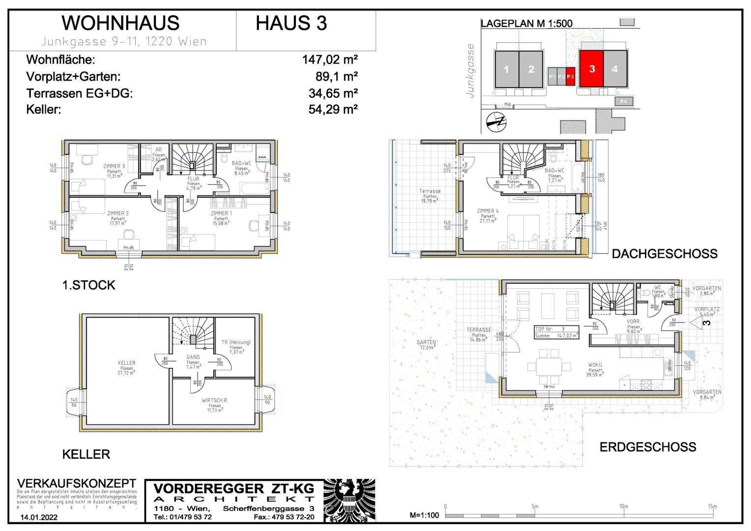 Detaillierter Grundriss von Haus 3 mit Keller, Erdgeschoss, 1. Stock und Dachgeschoss.