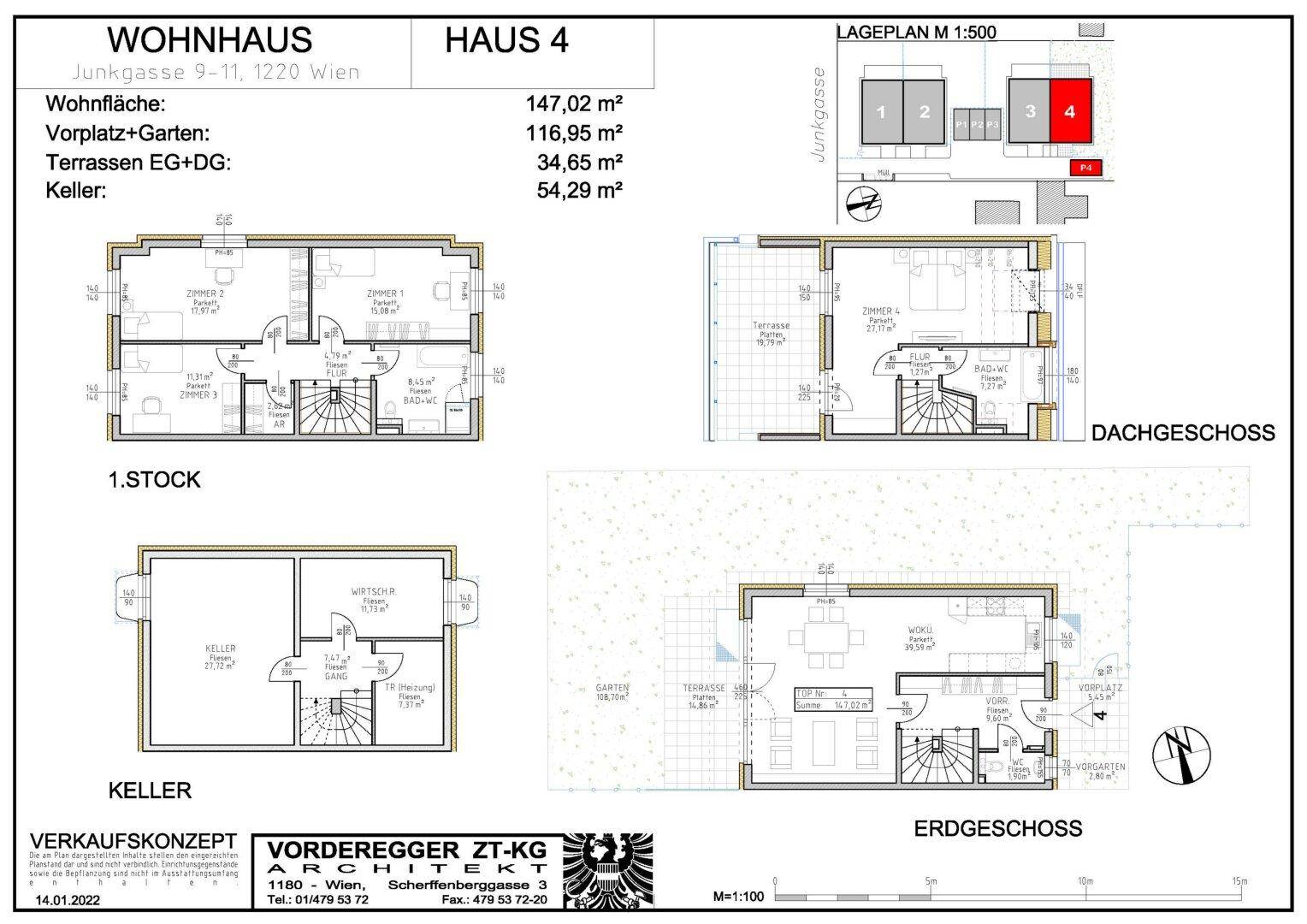 Detaillierter Grundriss des Wohnhauses mit Erdgeschoss, 1. Stock, Dachgeschoss und Keller.