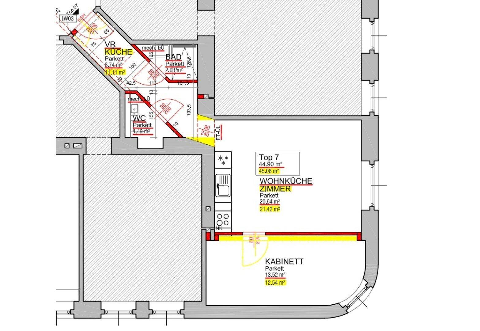 Grundriss einer Wohnung mit Küche, Bad, WC und einem großen Wohnküchenzimmer.