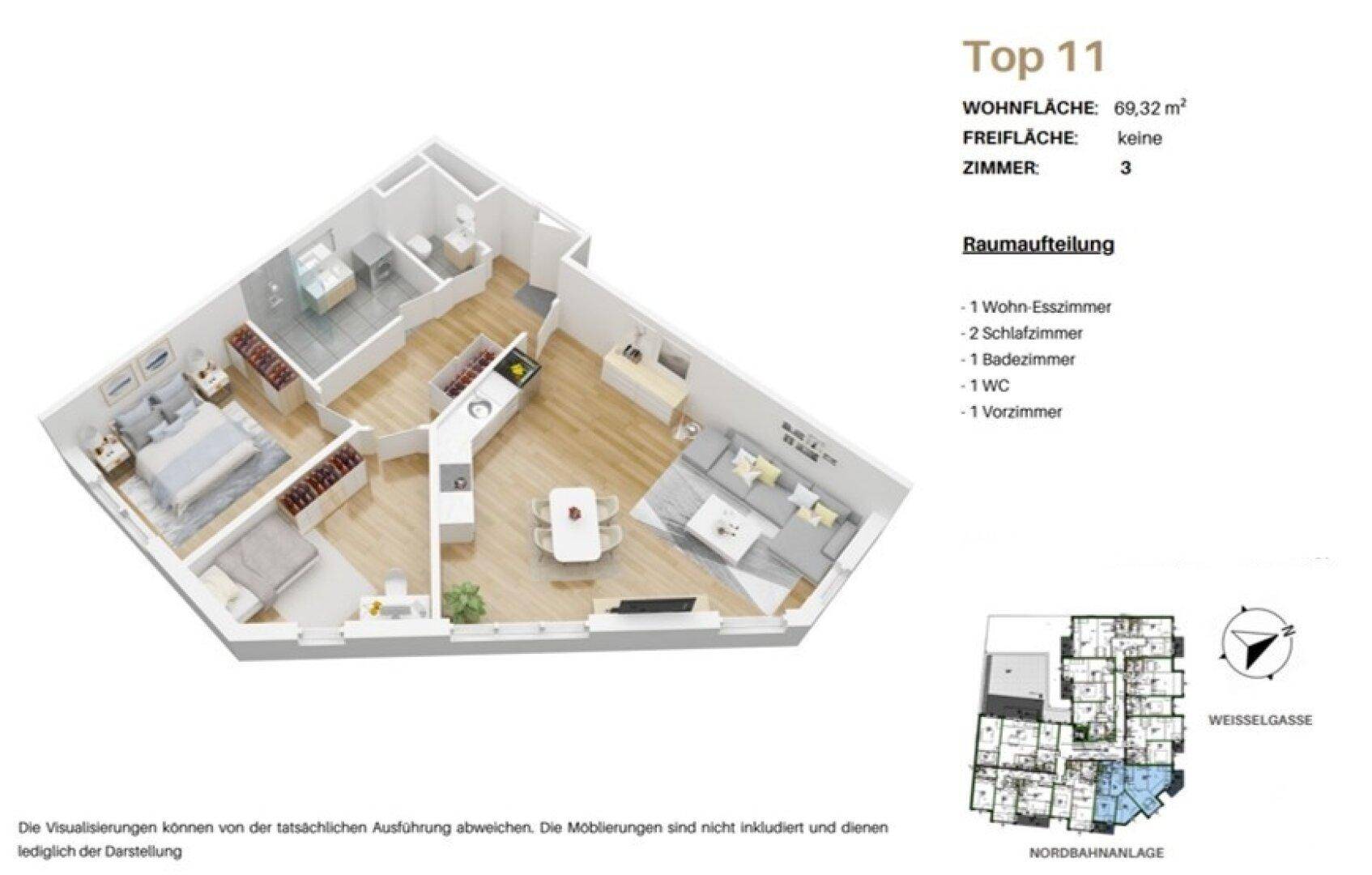 Dreidimensionaler Grundriss einer Wohnung mit drei Zimmern und offener Wohnküche.