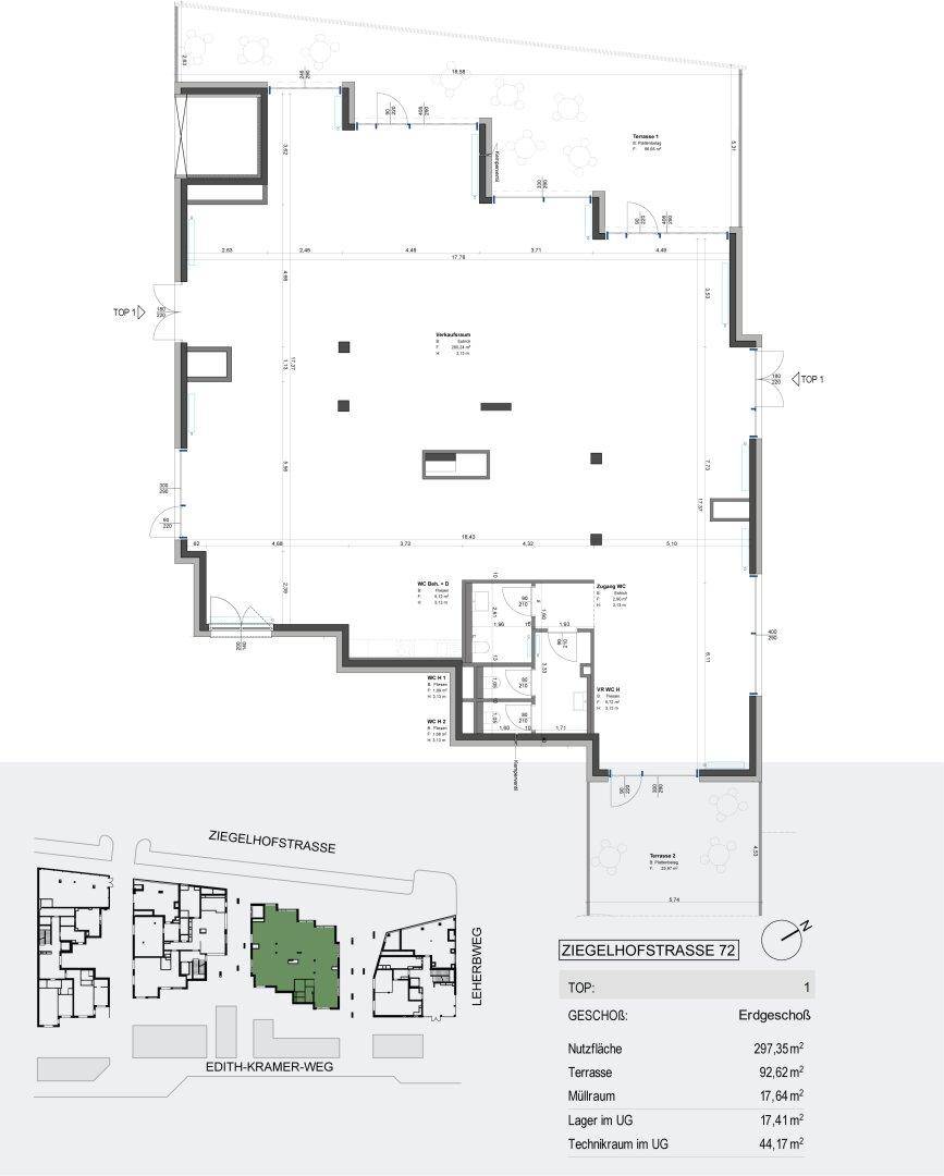 Grundriss des Erdgeschosses mit großer Nutzfläche, Terrassen und einem Überblick über die Lage.