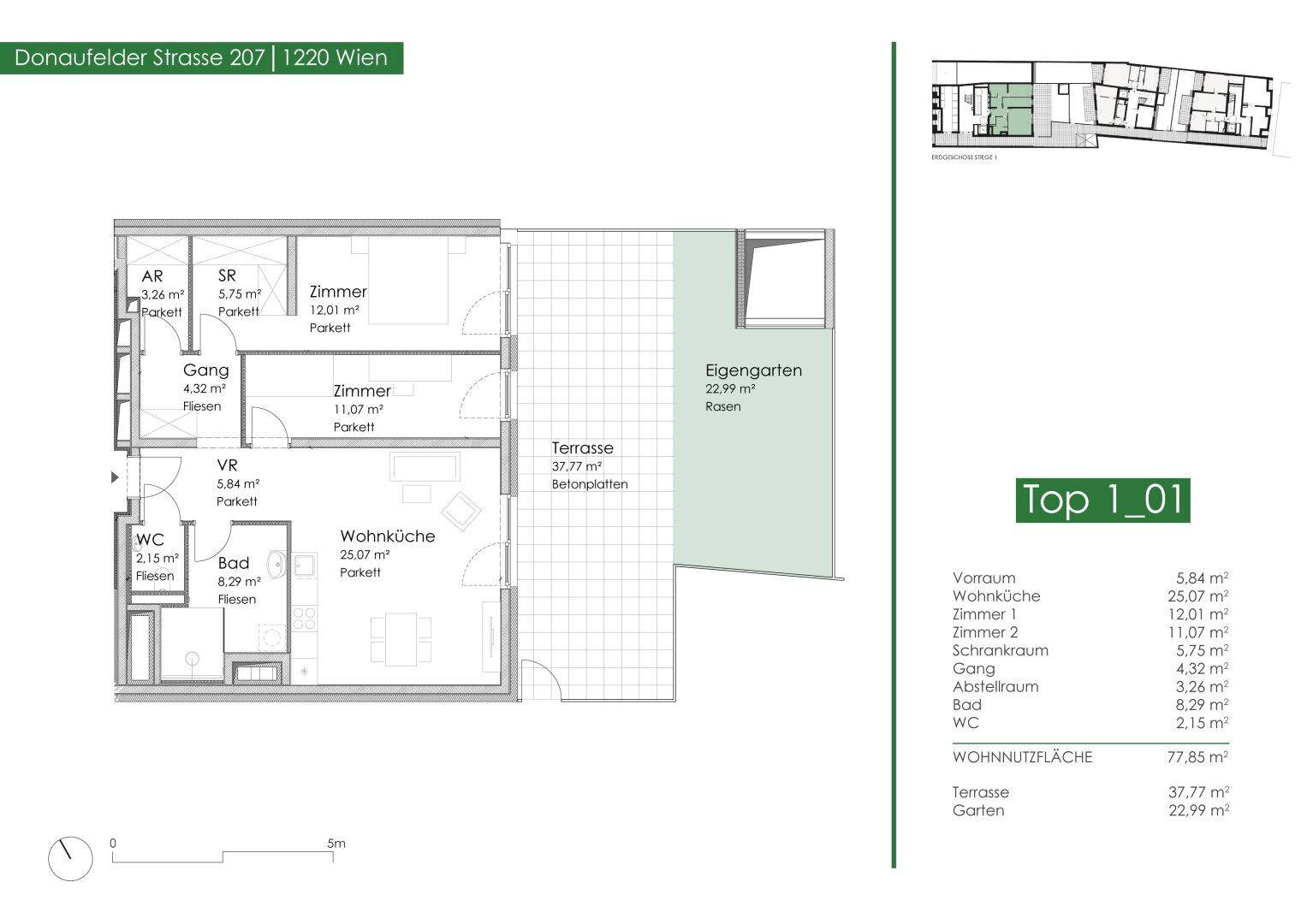 Grundriss einer Wohnung mit Wohnküche, zwei Zimmern, Terrasse und eigenem Garten.