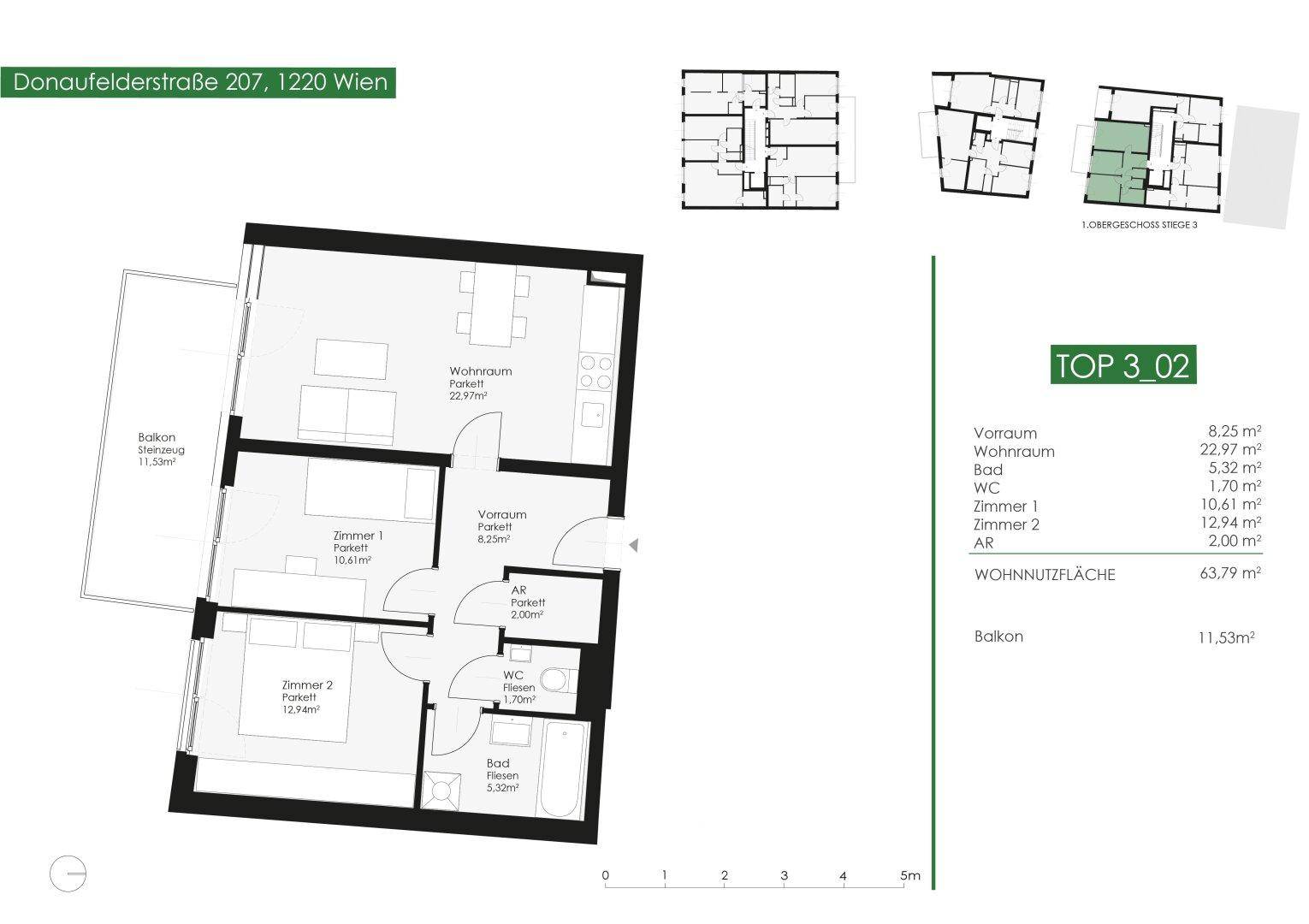 Grundriss einer Wohnung mit zwei Schlafzimmern, einem Bad und einem Balkon.