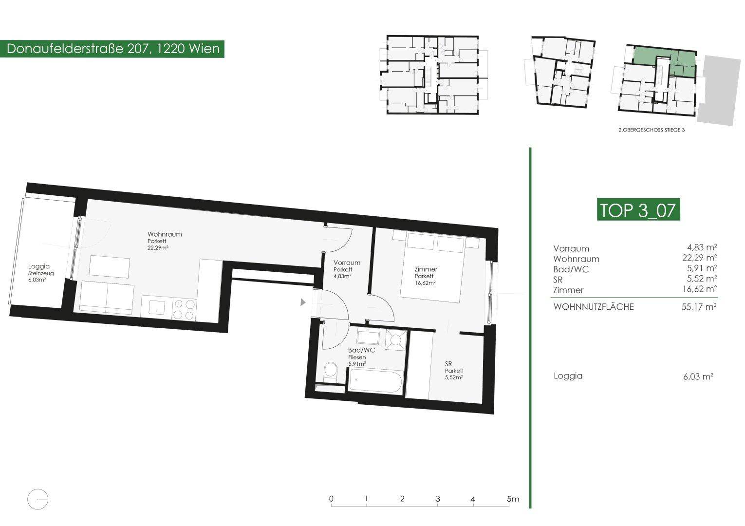 Detaillierter Grundriss einer Wohnung mit Wohnzimmer, Schlafzimmer und Loggia.