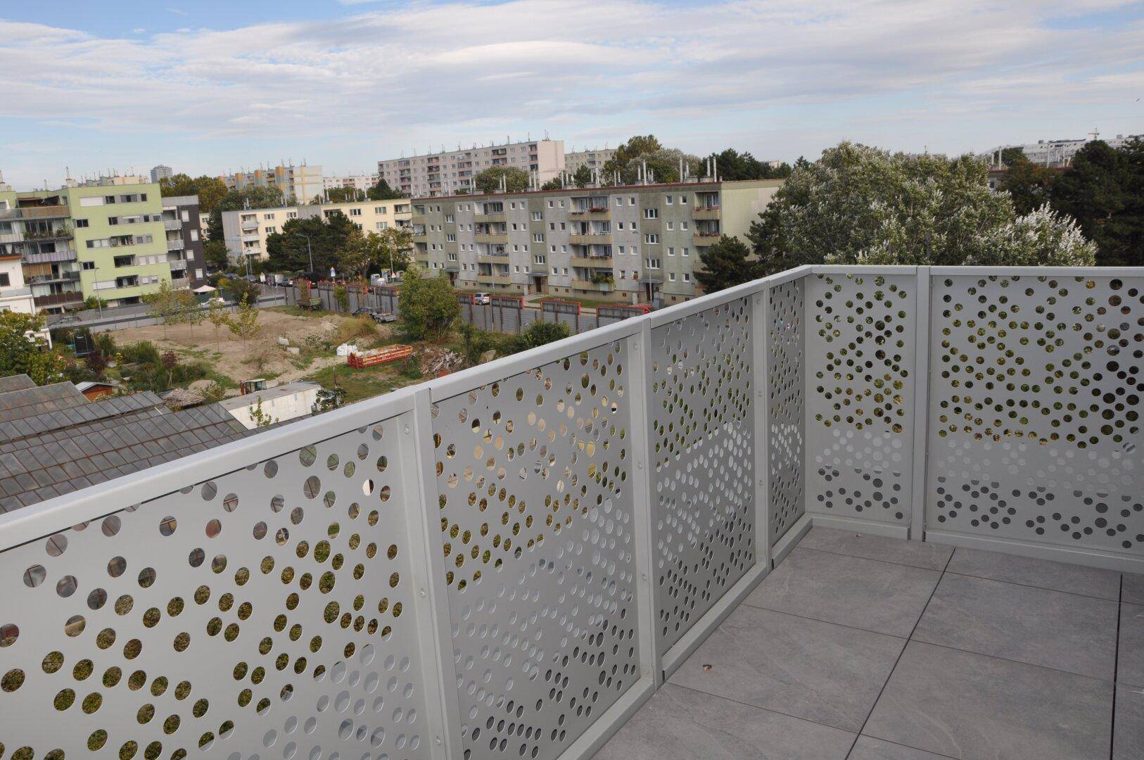 Große Terrasse mit modernem Designgeländer und Ausblick auf die städtische Bebauung.