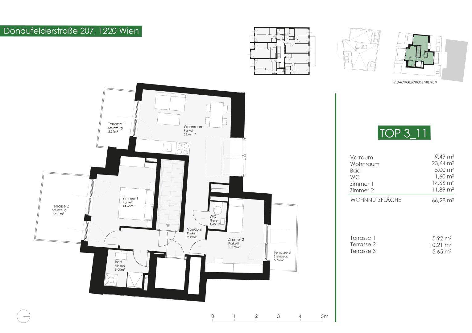 Detaillierter Grundriss einer Dachgeschosswohnung mit drei Terrassen und Wohnflächenangaben.